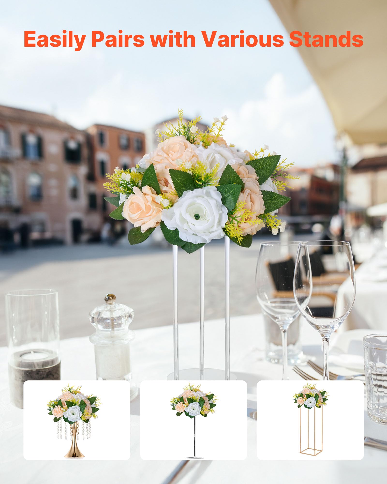 VEVOR Kunstblumen, 10 Stück, 240x240x120 mm, künstliche Blumenkugeln, Seidenrosen, Rosenarrangements für Hochzeiten, Partys, Tischdekorationen und Wohndeko, Champagnerfarbene & weiße Rosen