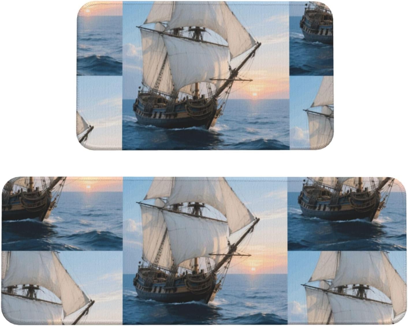 Sailing Ship Kitchen Rugs Set of 2, Cushioned Anti-Fatigue Kitchen Mats for Floor, Waterproof Comfort Standing Mat Absorbent Velvet Kitchen Runner Rugs 17"x30"+17"x47"