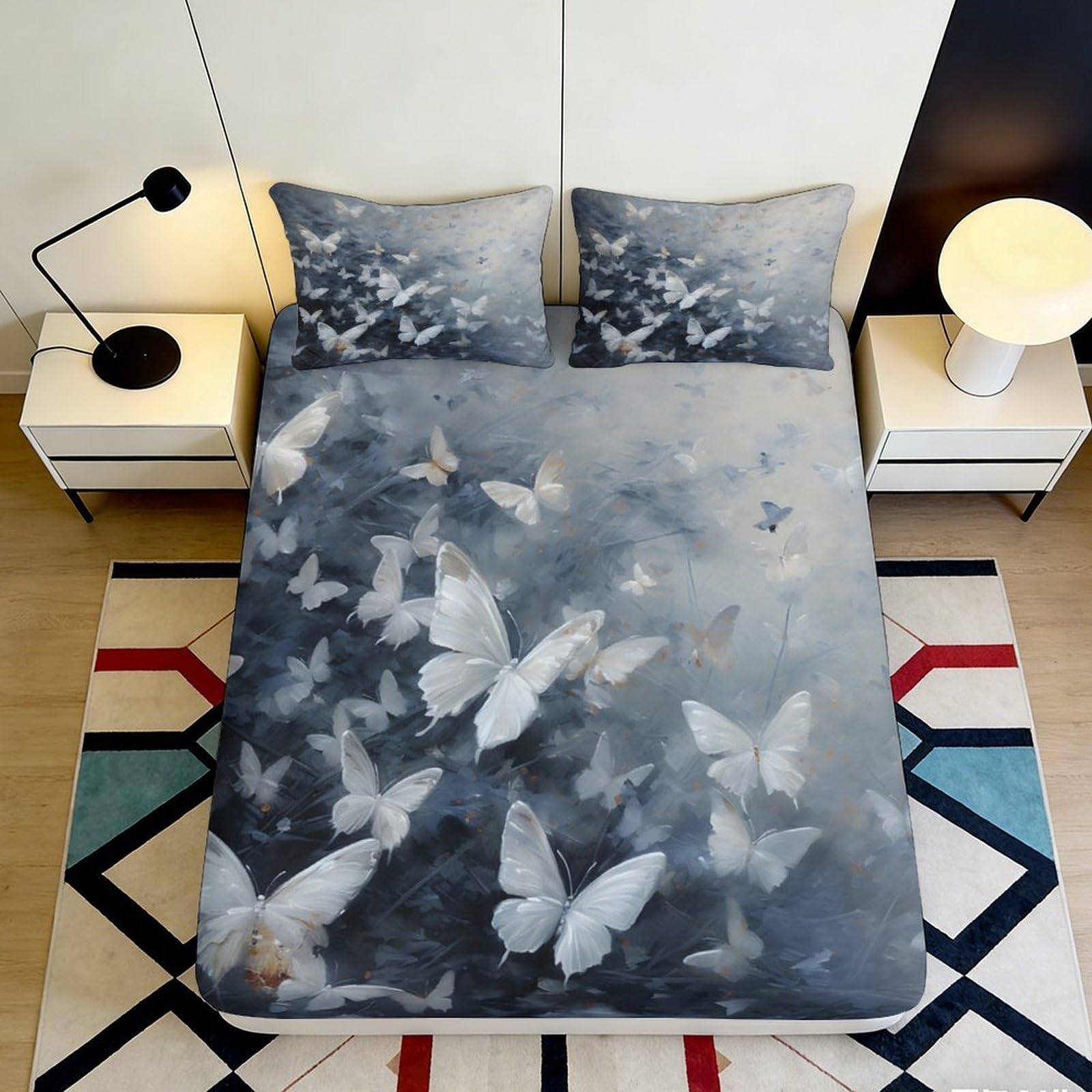 3D Printed Butterfly Pattern Fitted Sheet Microfiber Soft Breathable White Butterfly Bed Sheet for Bedroom Dormitory Guest Room Protection Decor 180x200x25cm