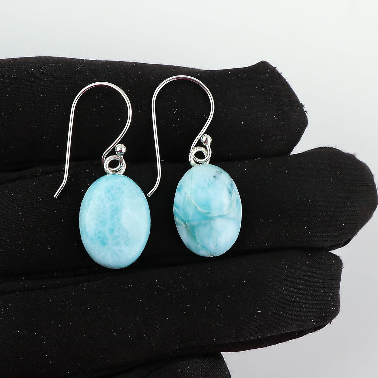 Natural Sky-Blue Larimar Gemstone Earrings, 925 Sterling Silver Bohemian Earrings, Handmade Cabochon Jewelry, Healing Crystals, Elegant Earrings for Women (Approx.16x12mm) - Image 8