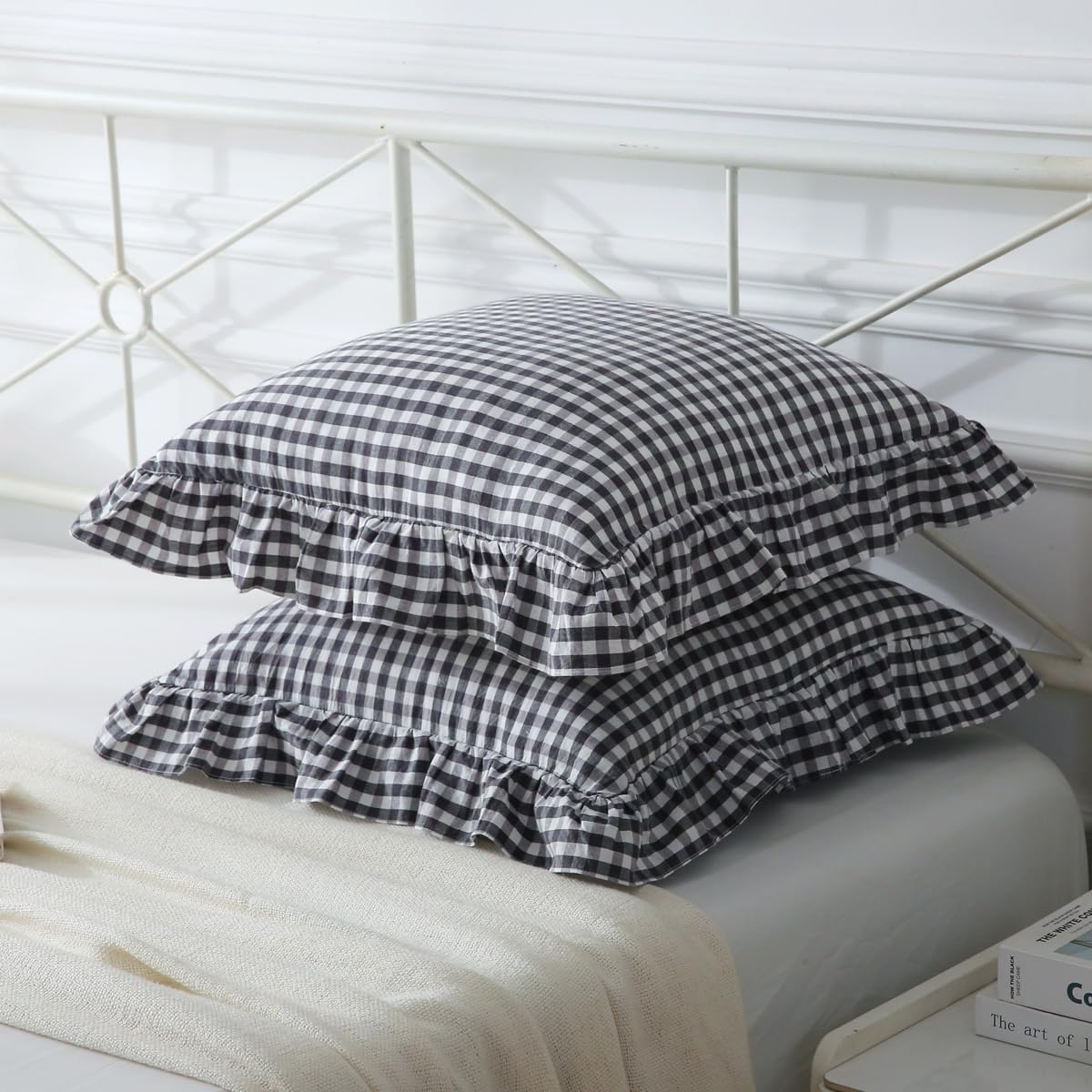 Mywinlle Black/White Plaid Ruffle Throw Pillow Covers Set of 2,Checkered Washed Cotton Gingham Decorative Pillow Shams Farmhouse Pillowcases 20"x20"