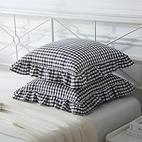 Vista 3 de juego de 2 fundas para cojín con volantes a cuadros negro/blanco, fundas de almohada decorativas de algodón lavado a cuadros estilo granja, fundas