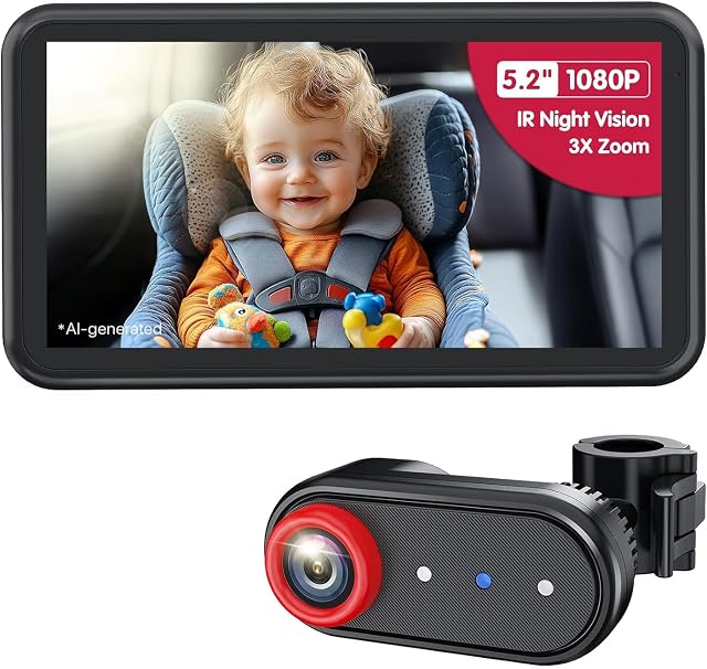 LUCKVIEW BM2A Baby Car Camera, Night Vision & 5.2" 1080P Display for Rear-Facing Car Seats, Easy No-Damage Install, Patented Anti-Shake Mount – Ideal for Parents and Pet Owners