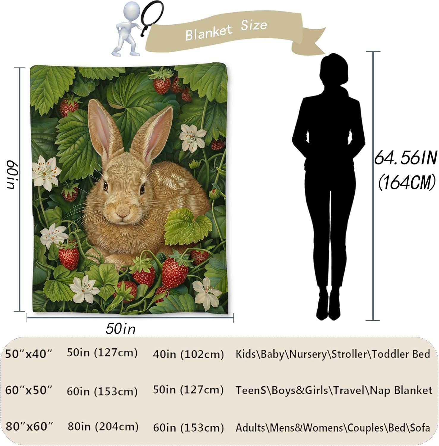 Rabbit & Strawberry Blanket, Soft Flannel Animal Throw Blanket for Couch, Bed, Travel & Home Decor, Cozy Lightweight Warm Fluffy Fuzzy Blankets for Women Boys Girls 60×50 in