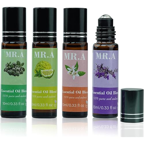 4 Pack Essential Roll On Blend Oils Set, 100% Natural Fragrance Oil, Aromatherapy Roll On Blend Oil with Pure Lavender, Petitgrain, Bergamot, Marjoram Oil, Gift for Women Men 0.33 fl.oz