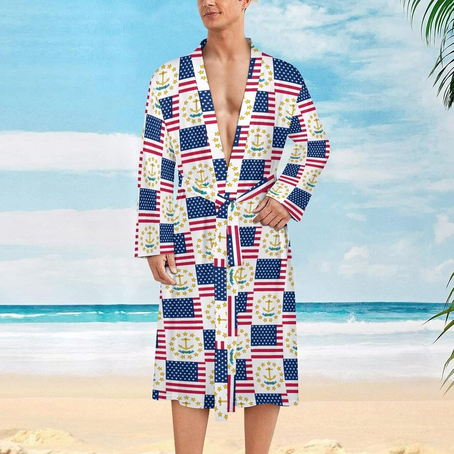 Flag of Usa And Rhode Island Mens Robe Long Bathrobe for Women Bath Robes Lightweight Soft Printed Sleepwear