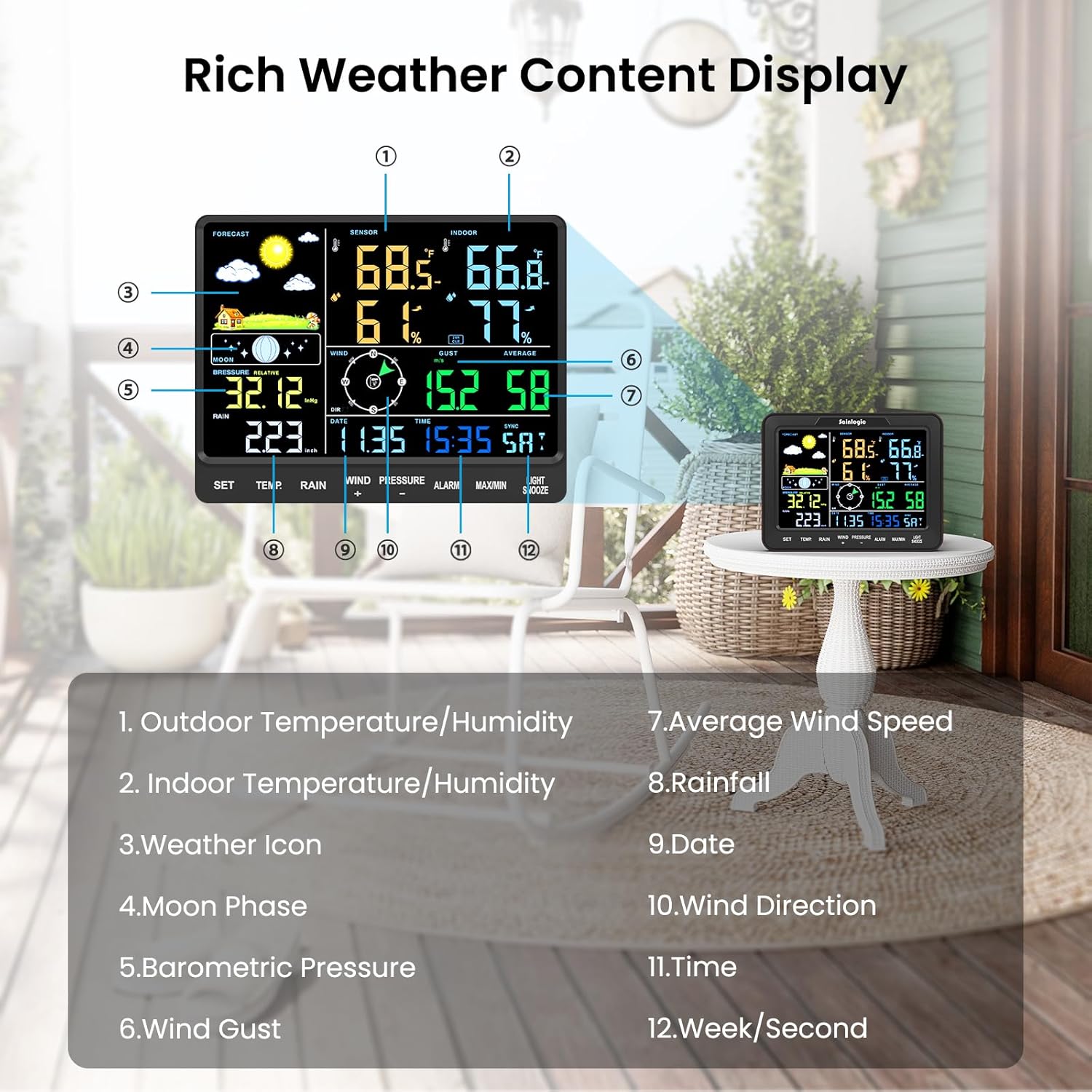 Sainlogic SA68 Home Weather Station with Weather Stations Wireless Indoor Outdoor and Rain Gauge Outdoor for Temperture,Humidity,Forecast,Pressure,Moon Phase,Alarm Clock for Bedroom,Black(No WiFi)