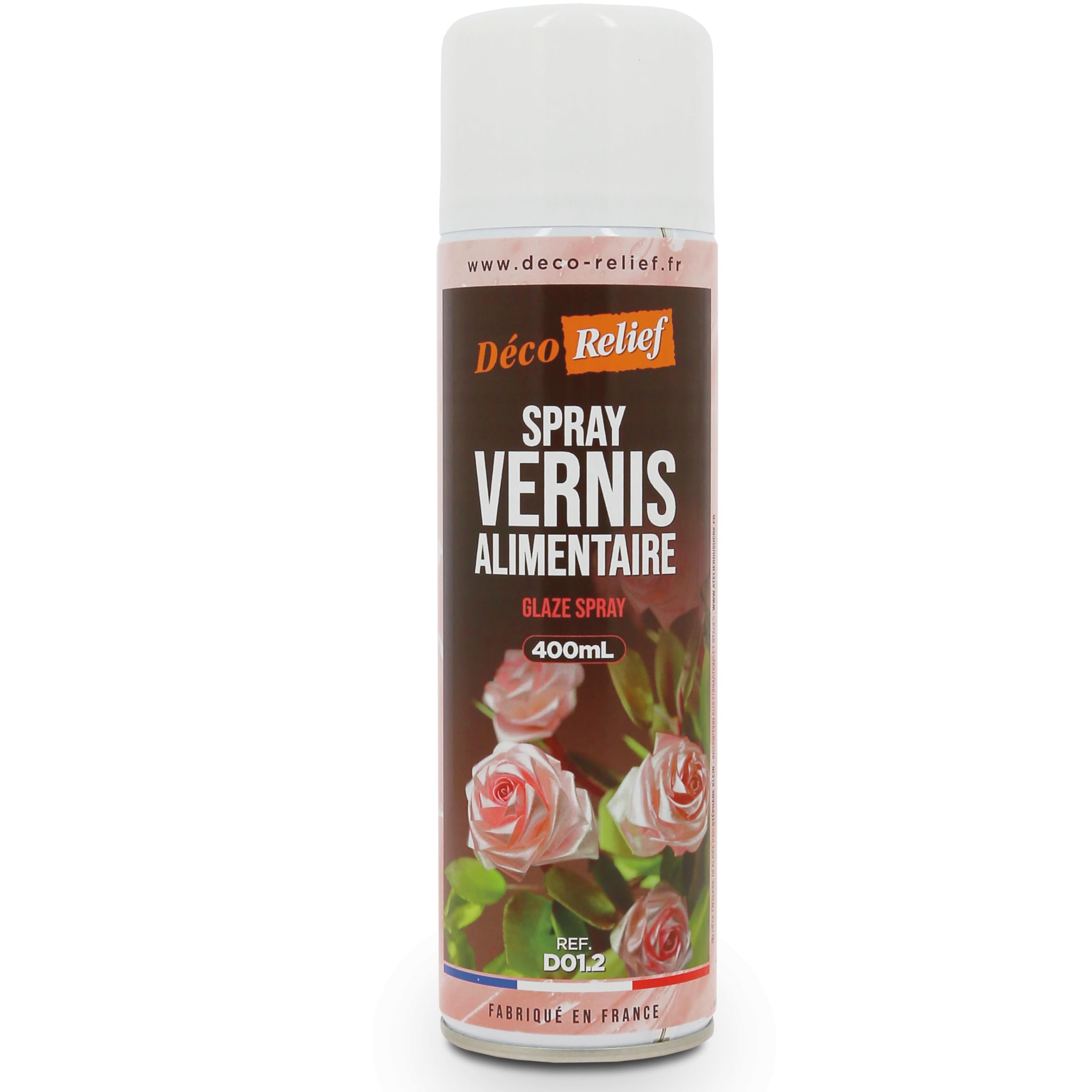 Déco Relief - Spray Vernis Alimentaire 400 ml - Fait Briller & Protège de l’Humidité - Pour Chocolats, Pièces en Sucre, Pâte d’Amandes, Nougatine, Tartes - Laque Alimentaire - D01.2.