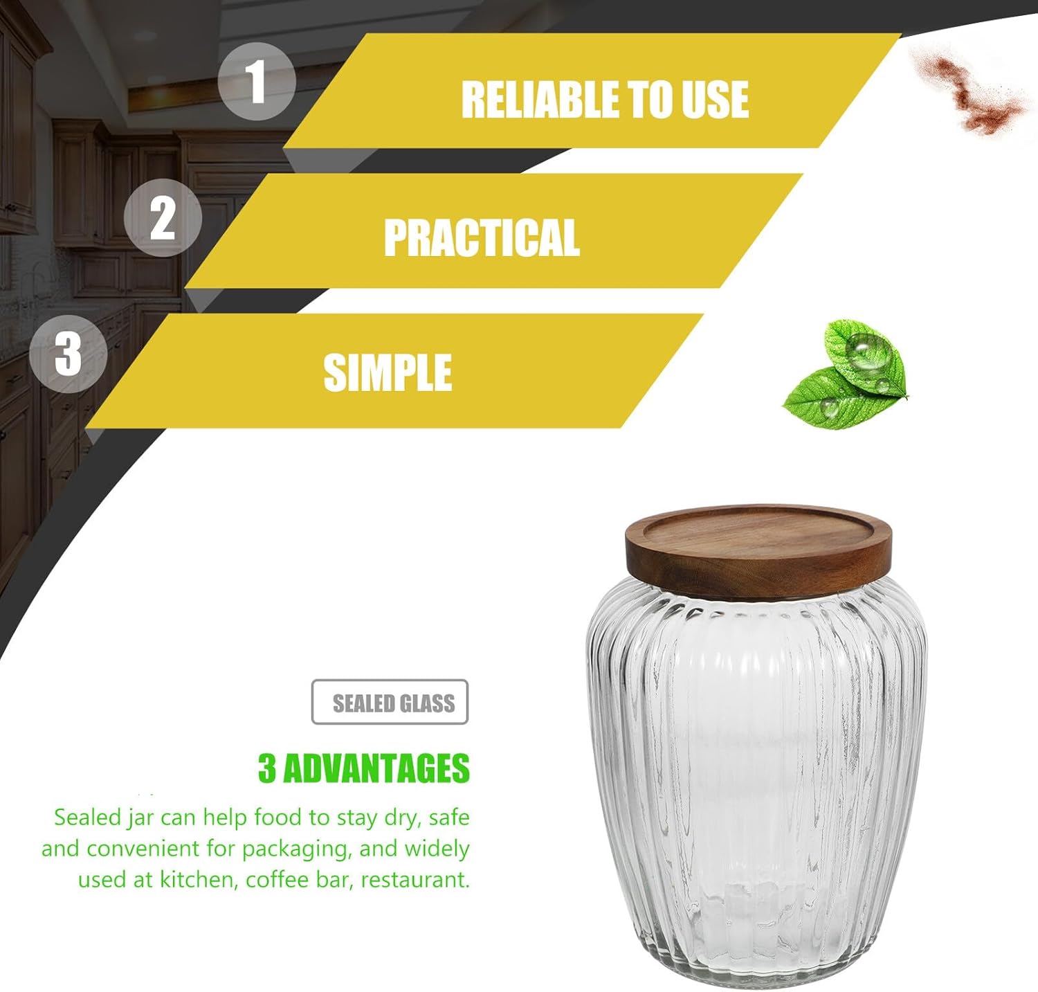 2200ml Glass Food Canister with Vintage Acacia Wood Lid, Airtight Grain Storage Jar for Kitchen Pantry, Glass Container for Cereals and Dried Food