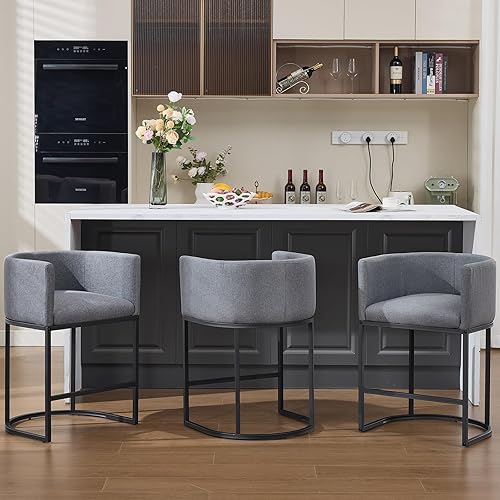 Vista 15 de Gold Taburetes de Bar Juego de 3, 25" H Taburetes de Bar de Altura de Mostrador Modernos con Respaldo, Taburete de Bar Tapizado en Tela de Lino