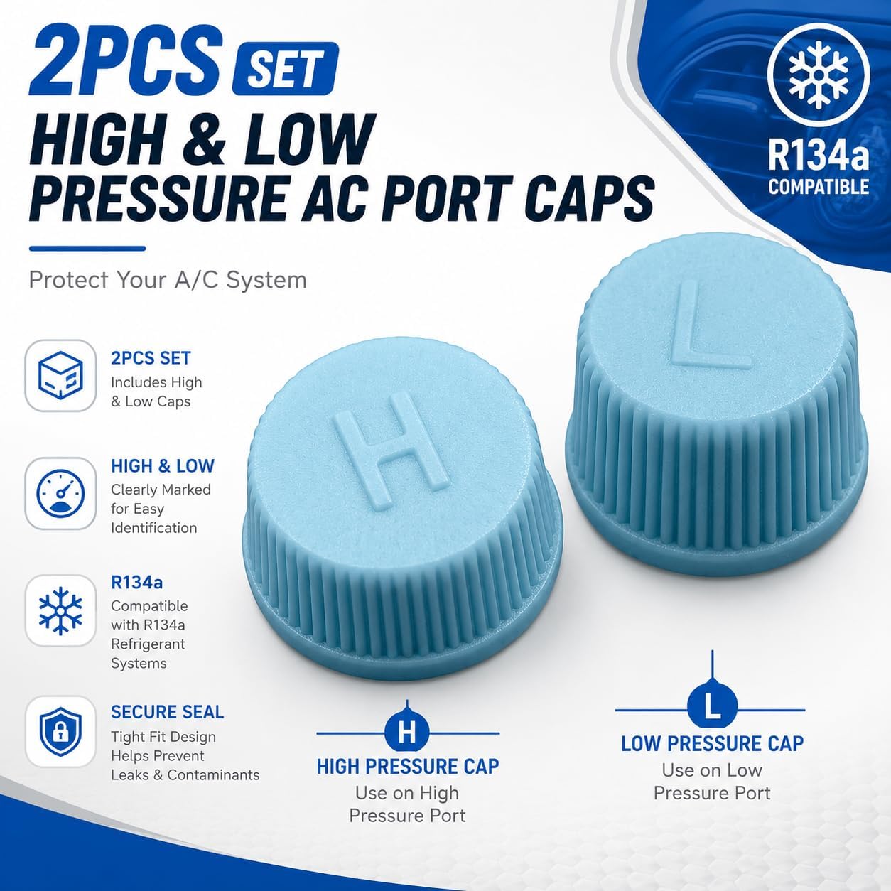 2Pcs High and Low Pressure AC Port Caps, Automotive Air Conditioning Service Kit with Secure Seal Design, Charging Port Covers for Car AC System Maintenance