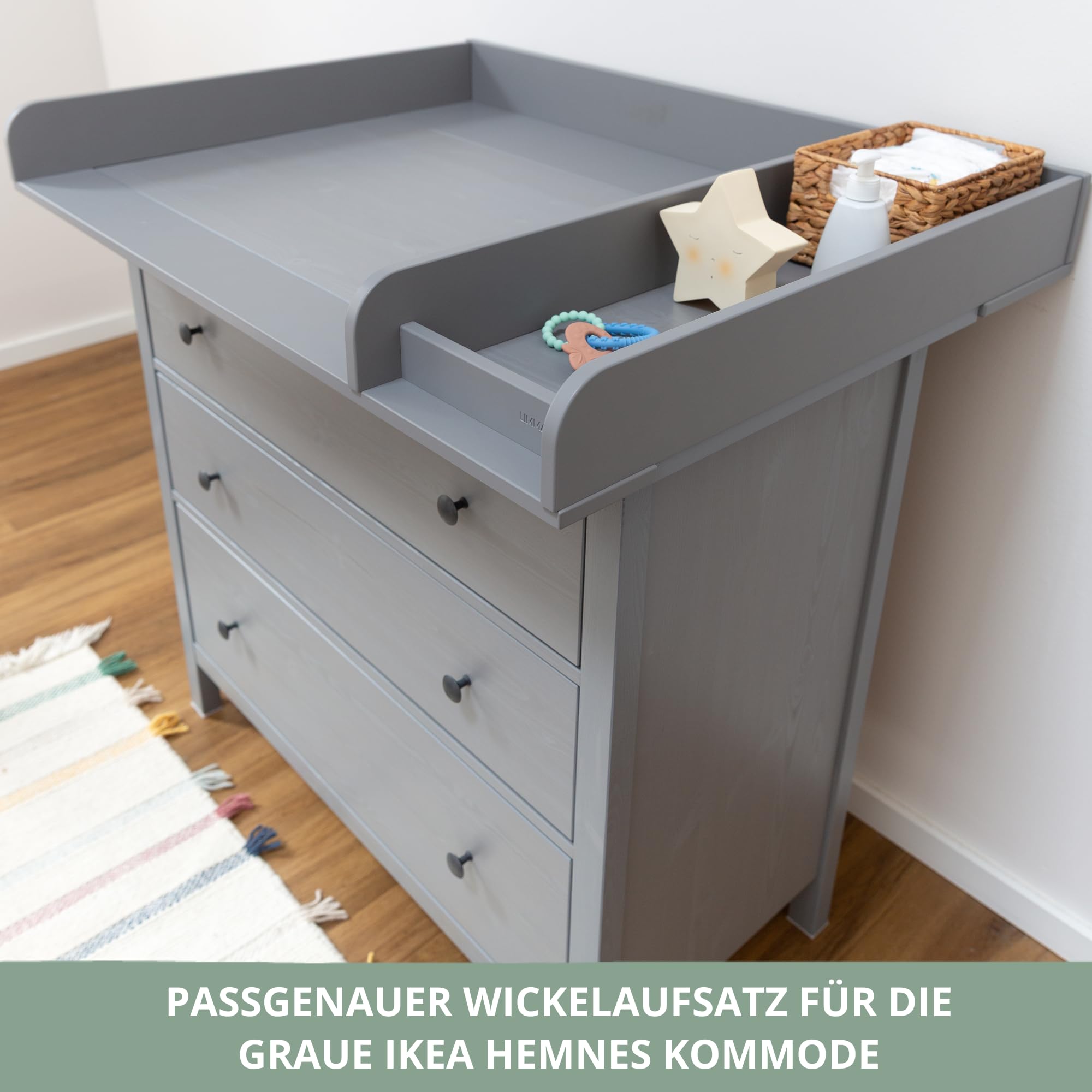 Wickelaufsatz für IKEA HEMNES Kommode - Grau, 108cm | Mit Trennfach, 100% MDF · Kommode nach der Wickelzeit normal weiternutzbar