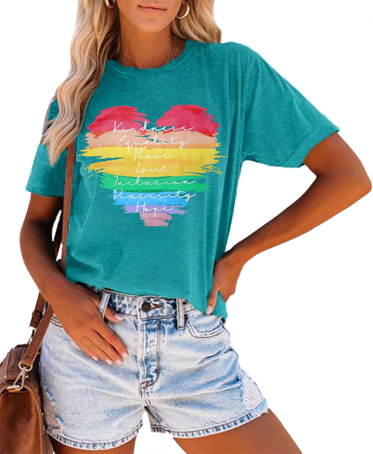 Pride Shirts for Women Rainbow Heart Print Graphic Shirt LGBTQ Support Short Sleeve Pride Ally Tee Tops