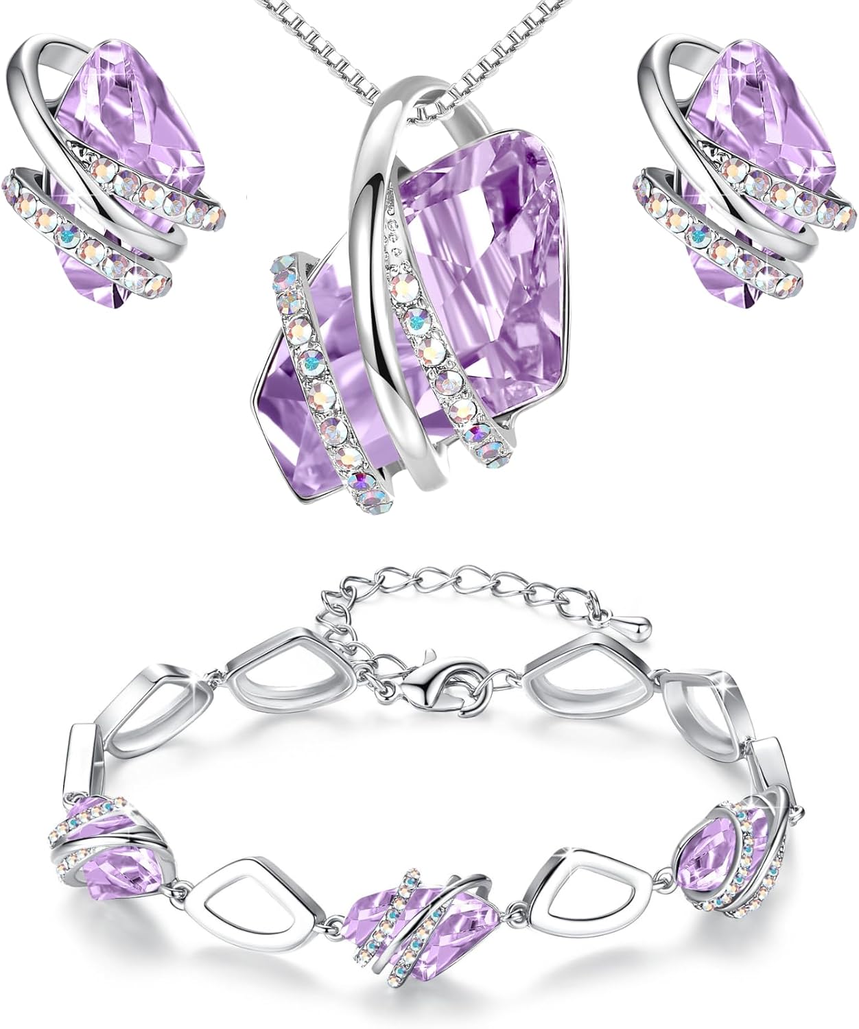 Leafael Wish Stone Necklace, Stud Earrings, and Bracelet Jewelry Set for Women, June Birthstone Alexandrite Light Purple Crystal Jewelry, Silver Tone Gifts for Women