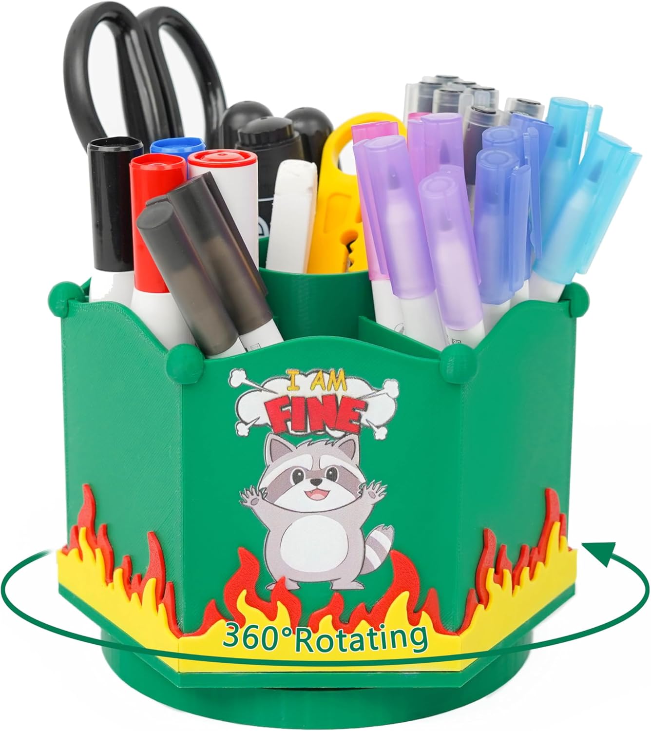 Tian Zhun Dumpster Fire Desk Organizer 360 Degree Rotating Pen Holder Raccoon Desk Organizers and Accessories with 7 Compartments Pencil Holder Box Stationery Storage Box for Office Home