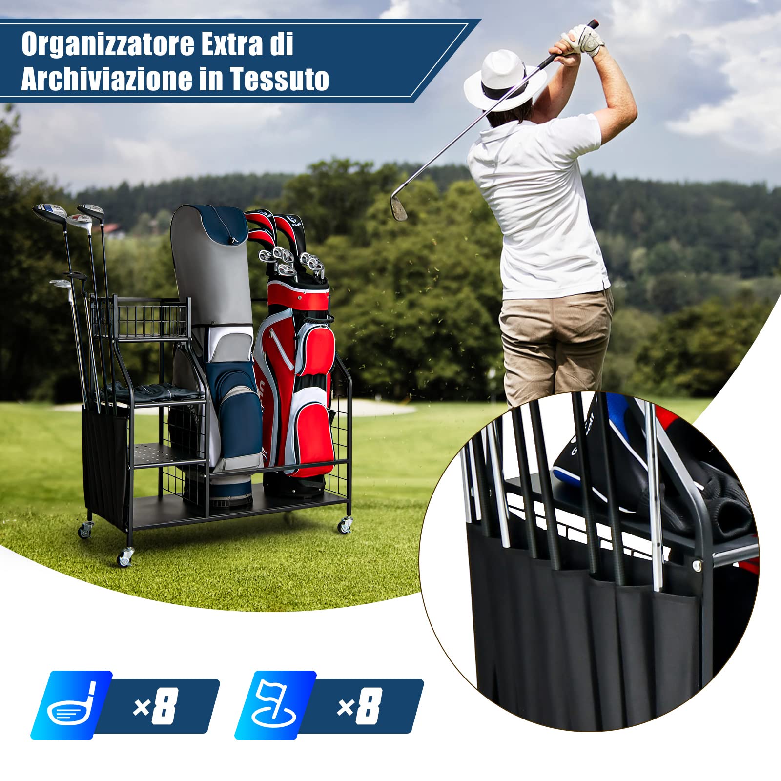 COSTWAY Organizer per Sacca da Golf per Garage, Carrello per 2 Borse da Golf con Ruote Bloccabili, Ganci e Tasche Porta Mazze da Golf, Organizer per Accessori da Golf e Attrezzature Sportive
