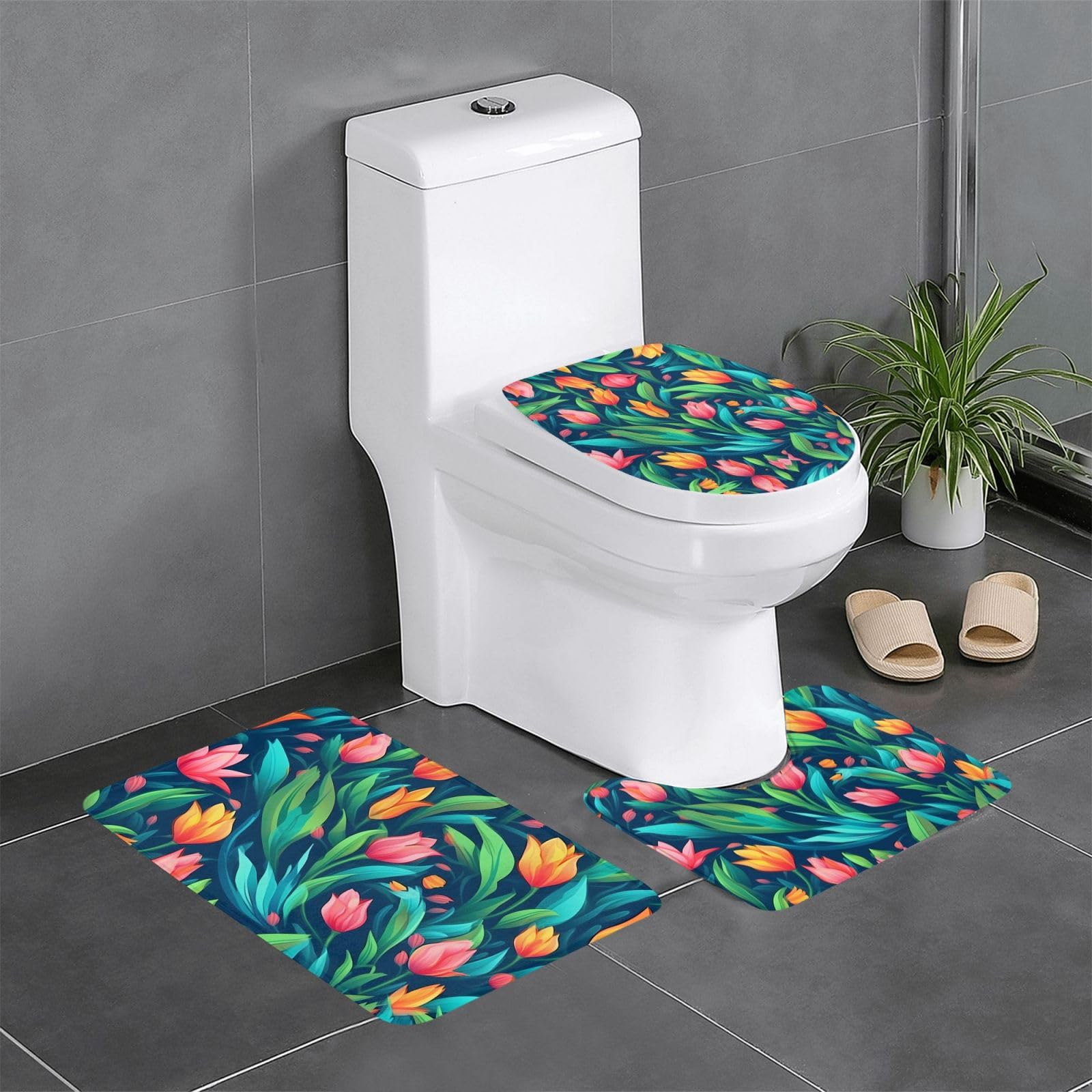Tapis de salle de bain antidérapants lot de 3 avec motif floral coloré pour WC