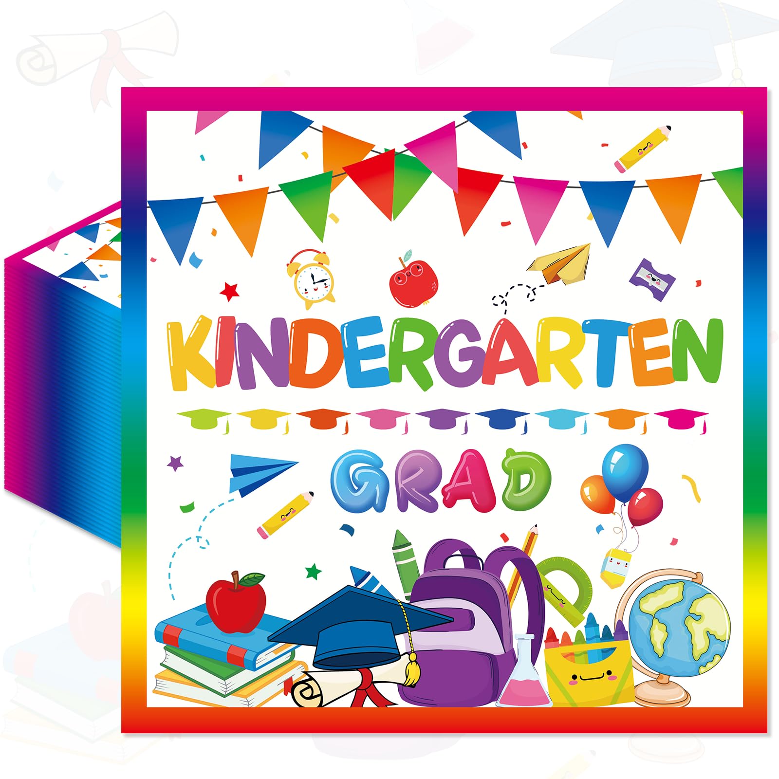 Pack of 50, Kindergarten Grad Napkins, Disposable Paper Napkins Decorations, Colorful 'Kindergarten Grad' Lettering with School Elements for Kids Graduation Party Supplies, 13x13 Inches Unfolded
