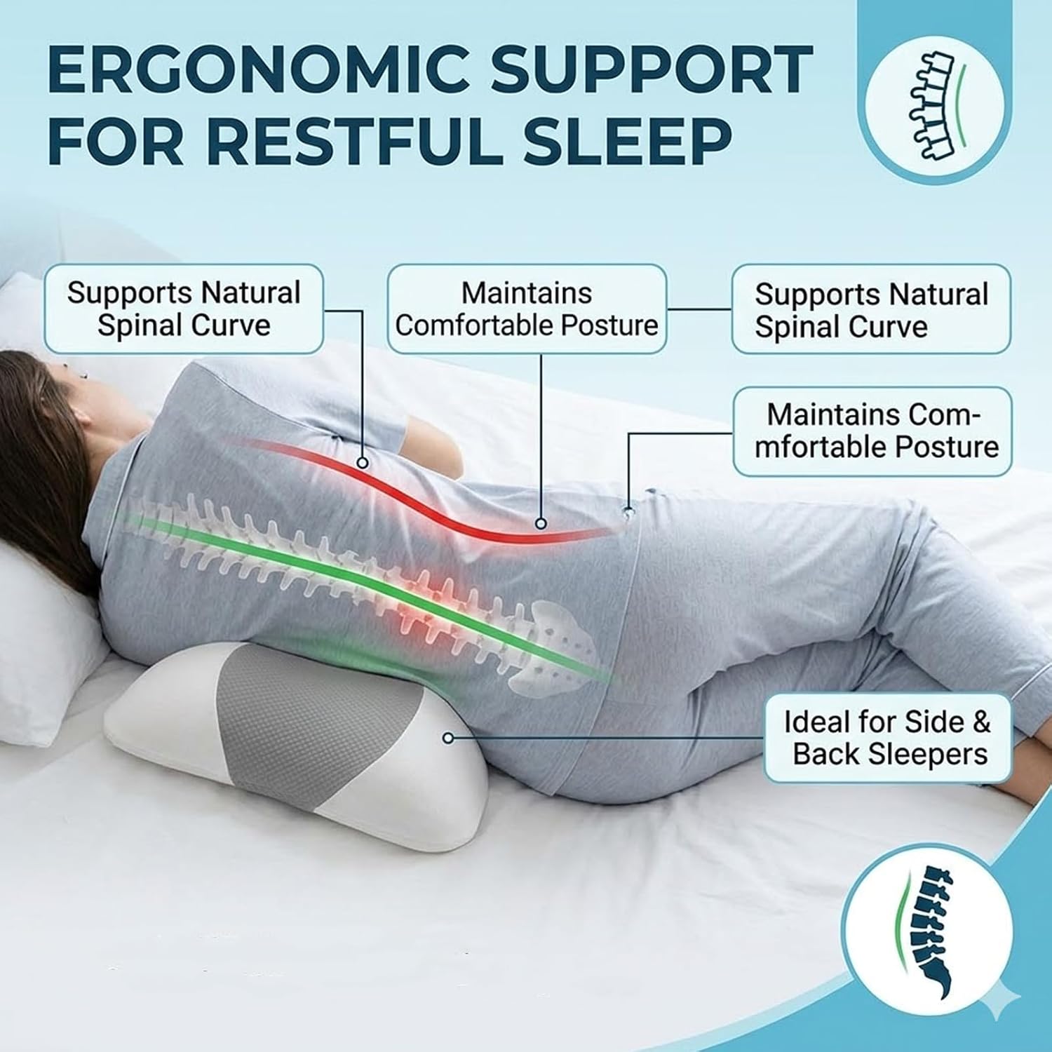 Sciatica Pillow – Ergonomic Memory Foam Lumbar Support Pillow for Bed, Back & Waist Support Cushion for Sleeping, Side & Stomach Sleepers (Light Gray)