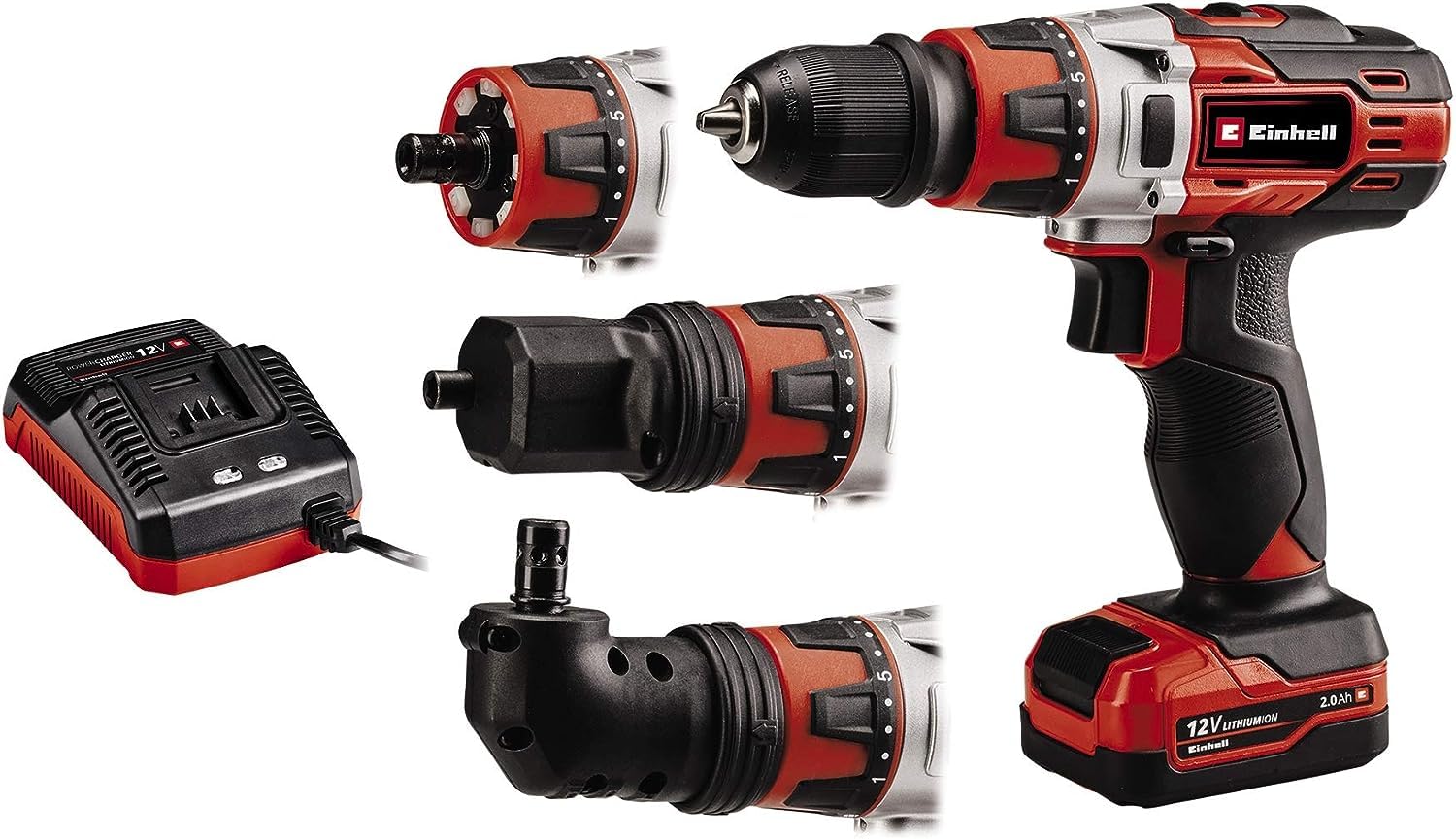 Einhell TE-CD 12/1 3X-Li Lithium-Ion 12 V Drill/Driver Set Including 2.0 Ah Battery + Charger, Additional Angled and Eccentric Piece, Storage Case