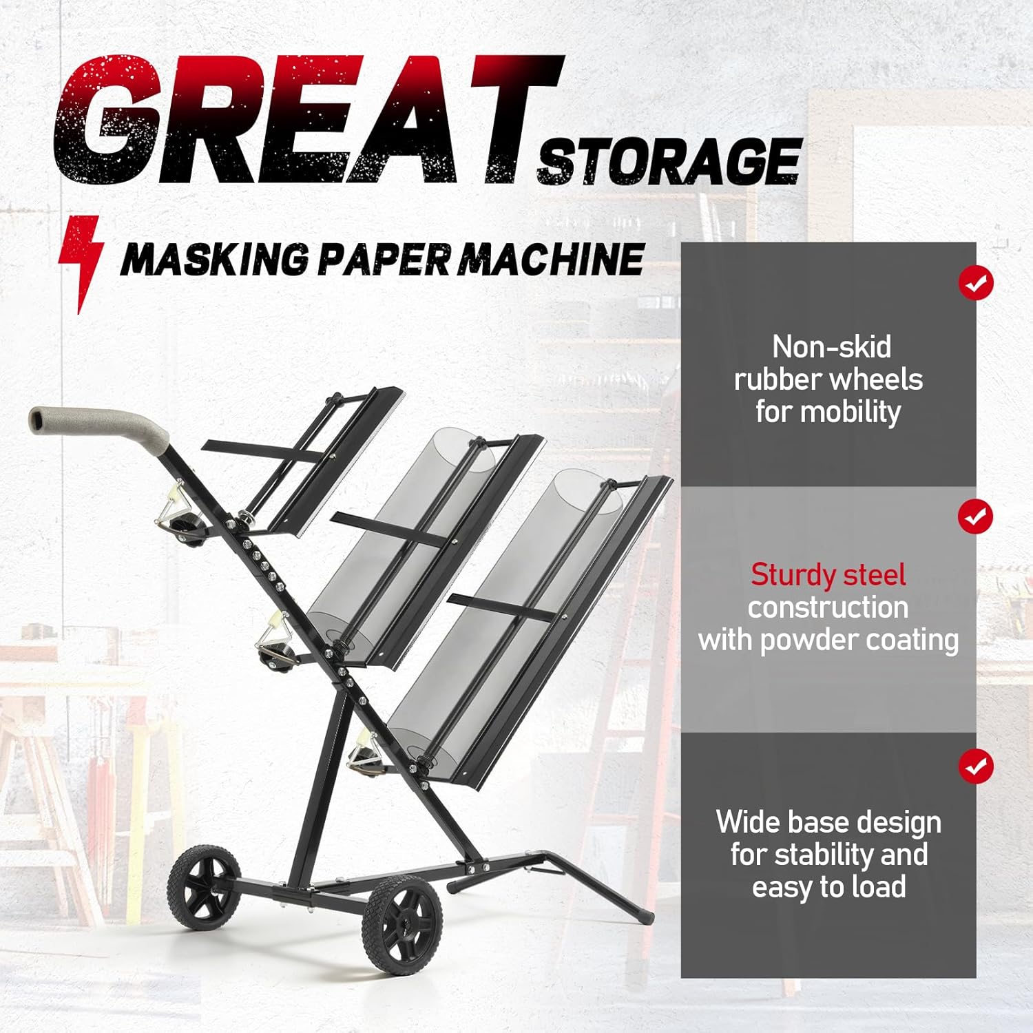 Triple Auto Body Masking Machine Masking Paper Machine Holds 12", 24" & 36" Masking Paper Rolls Black Steel+Plastic