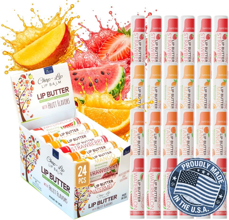 - CHAP-LIP Original Lip Balm Hydrating Bulk Chap Stick with Fruit Flavors, Coconut Oil, and Cocoa Butter - Christmas Gift Stocking Stuffers Lip Therapy Pack for Men and Women - Made in the USA, 24 Pack