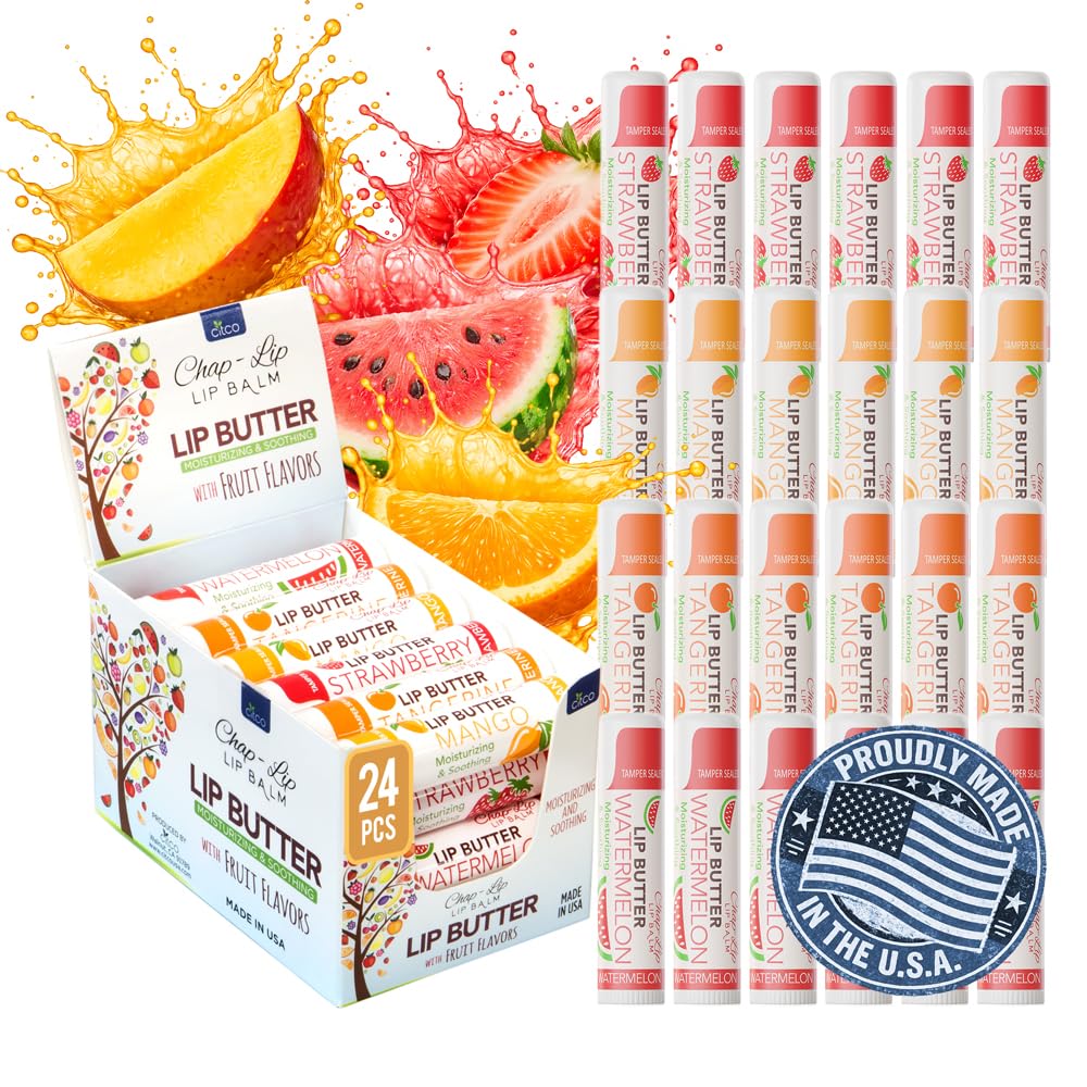 CHAP-LIP Original Lip Balm Hydrating Bulk Chap Stick with Fruit Flavors, Coconut Oil, and Cocoa Butter - Christmas Gift Stocking Stuffers Lip Therapy Pack for Men and Women - Made in the USA, 24 Pack