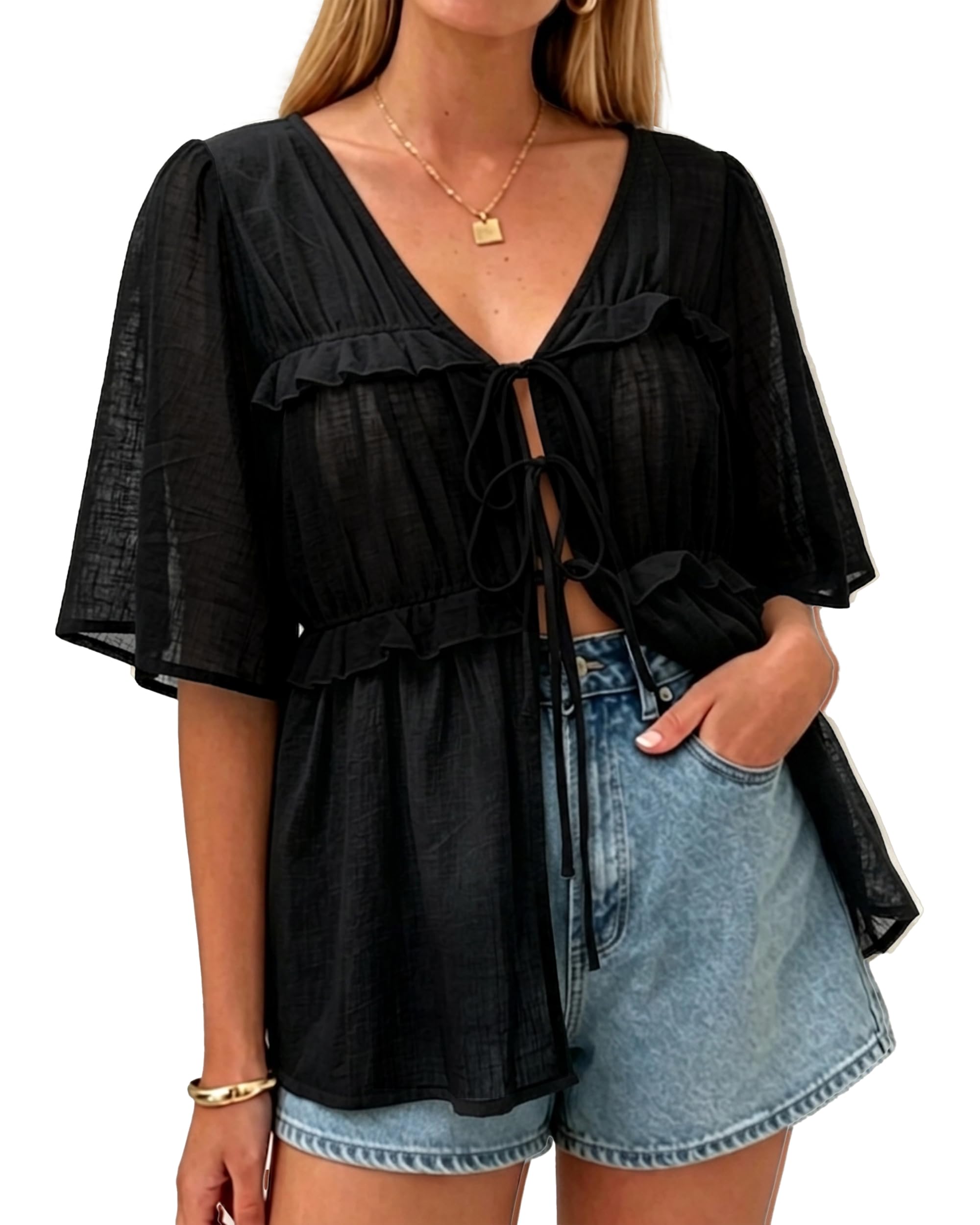 Navneet Camicia da donna in chiffon, a maniche corte, con scollo a V, trasparente, estiva