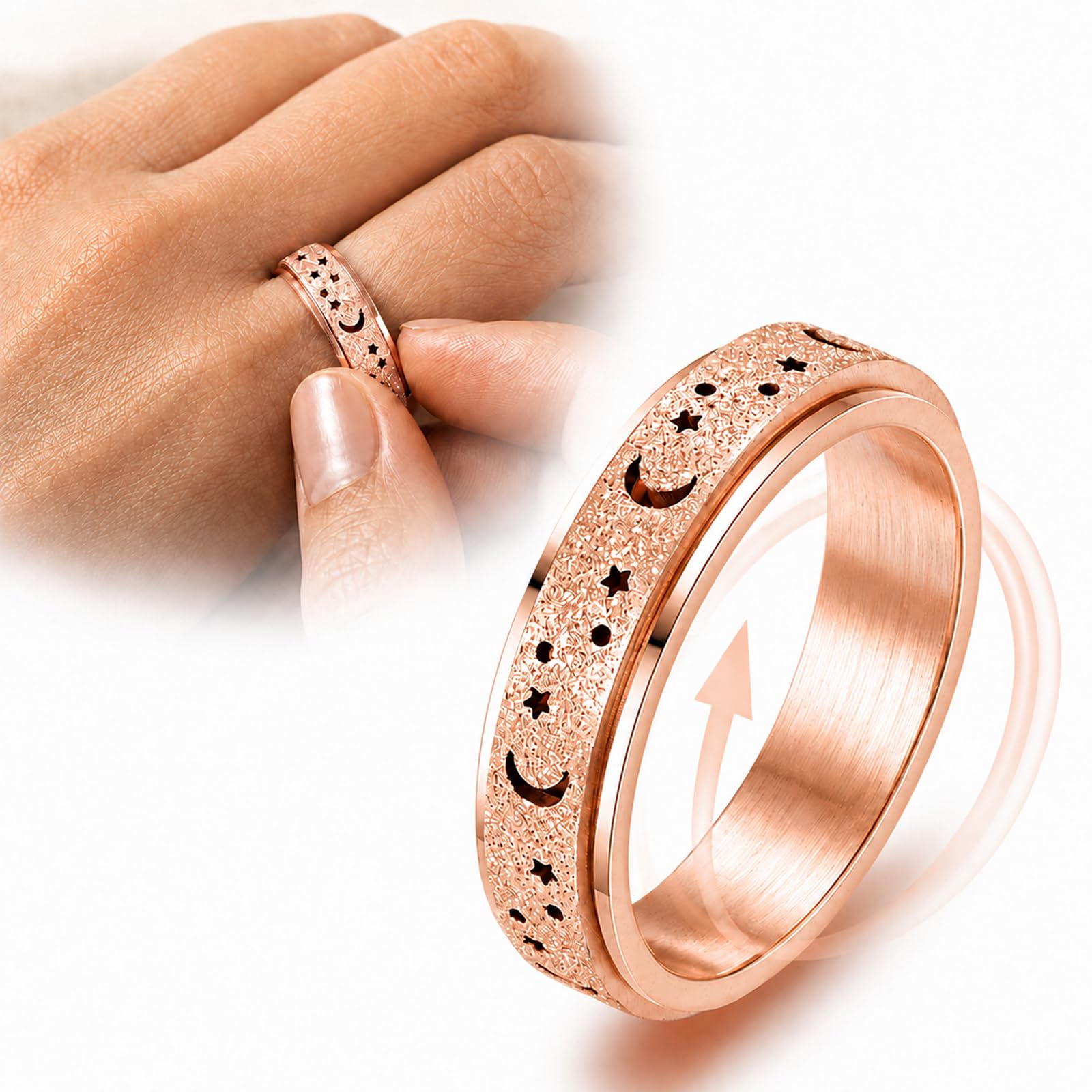 Smooth-Rotating Fidget Ring with Moon & Star Design - Rose Gold Stainless Steel Spinner Ring with Rough Matte Texture, Quiet Tactile Focus Jewellery for Women Men