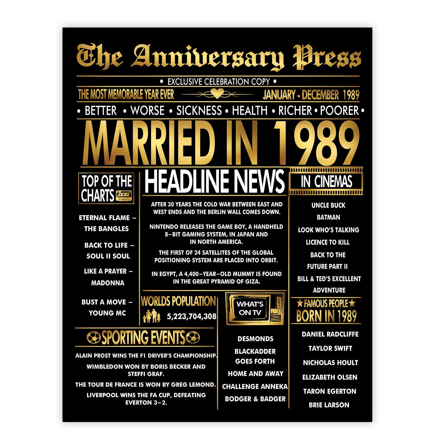 Stuff4 Men's 1989 Gold 37Th Anniversary Poster Unframed - Golden Married In Newspaper - 37 Wedding Anniversary For Wo Vintage Gifts Back In 8X10 Inch Anniversaries Posters