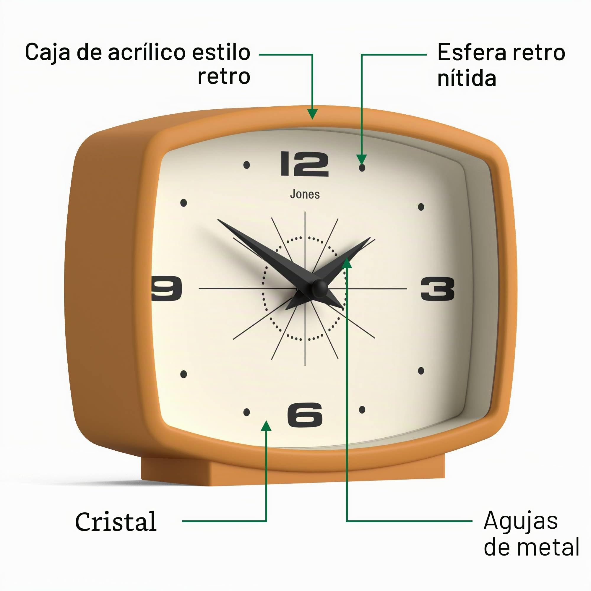 JONES CLOCKS® Film Reloj de Escritorio | Diseño Rectangular Retro | Amarillo Mostaza | Diseño Retro, Que combina el Estilo de Mediados de Siglo con un Acabado Moderno