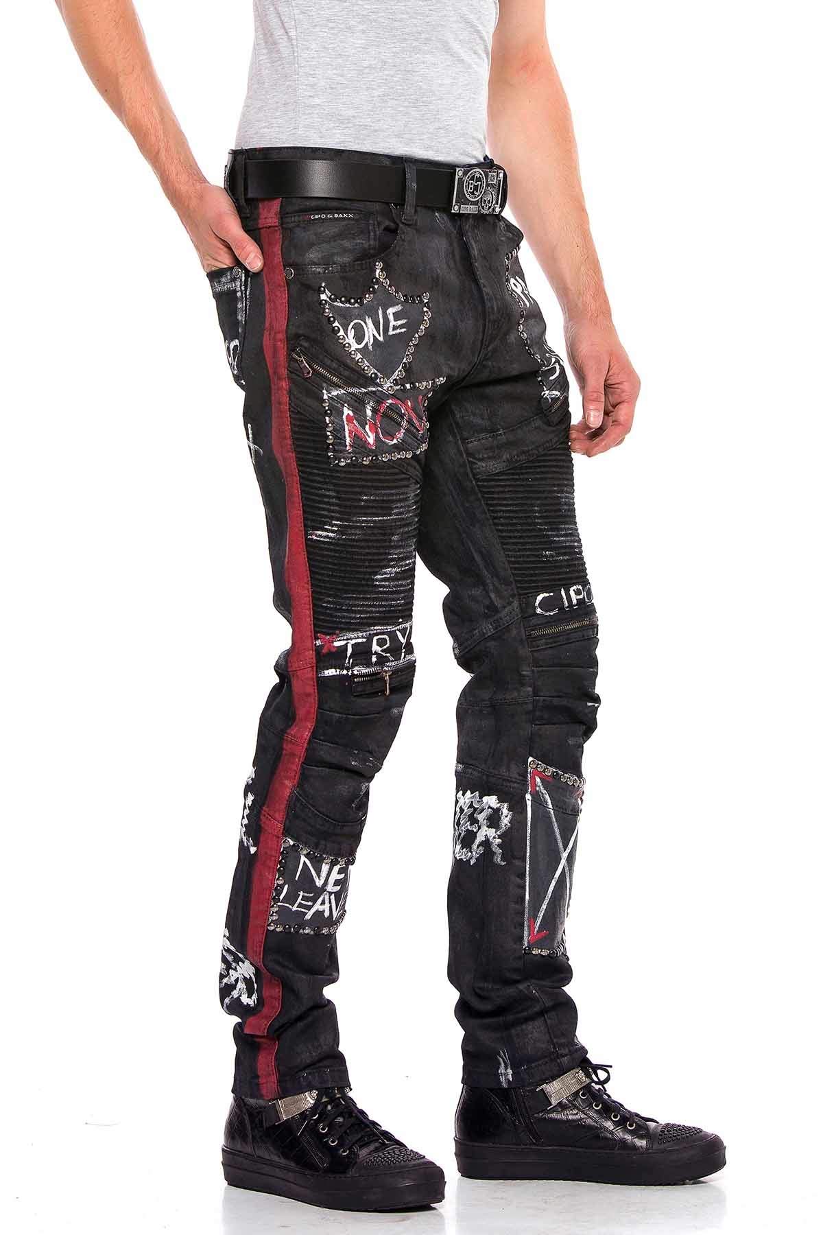 Cipo & Baxx Herren Jeanshose | Verschiedene Fits | Destroyed & Used Look mit Nieten, Kunstleder & Print | Modern Biker Style