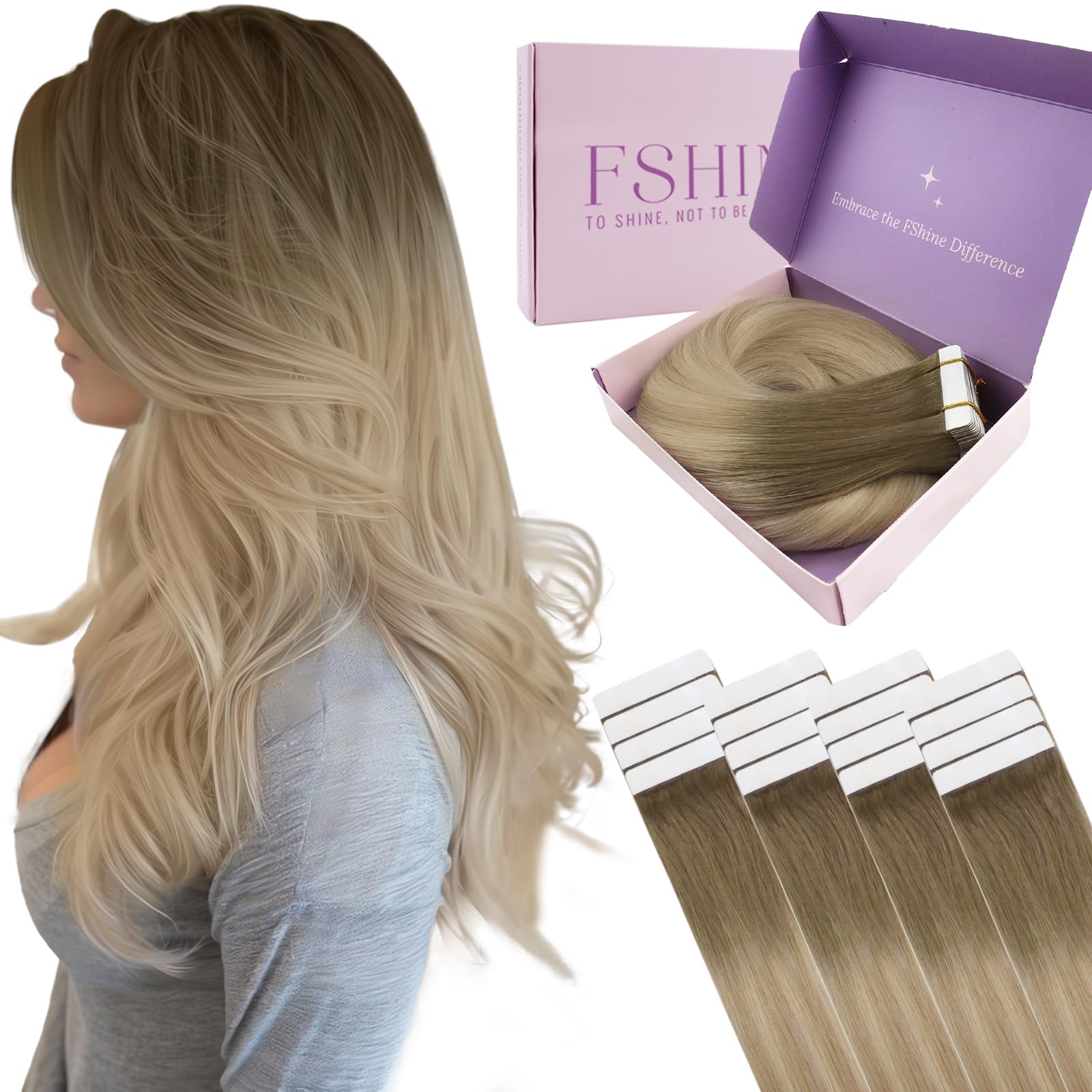 Fshine Extension Biadesivo Capelli Veri 50g 45CM 20Pcs Capelli Adesive Extension Castano Chiaro A Biondo Chiaro Con Castano Chiaro Extension Capelli Veri Adesivo Invisibili 8/8/613