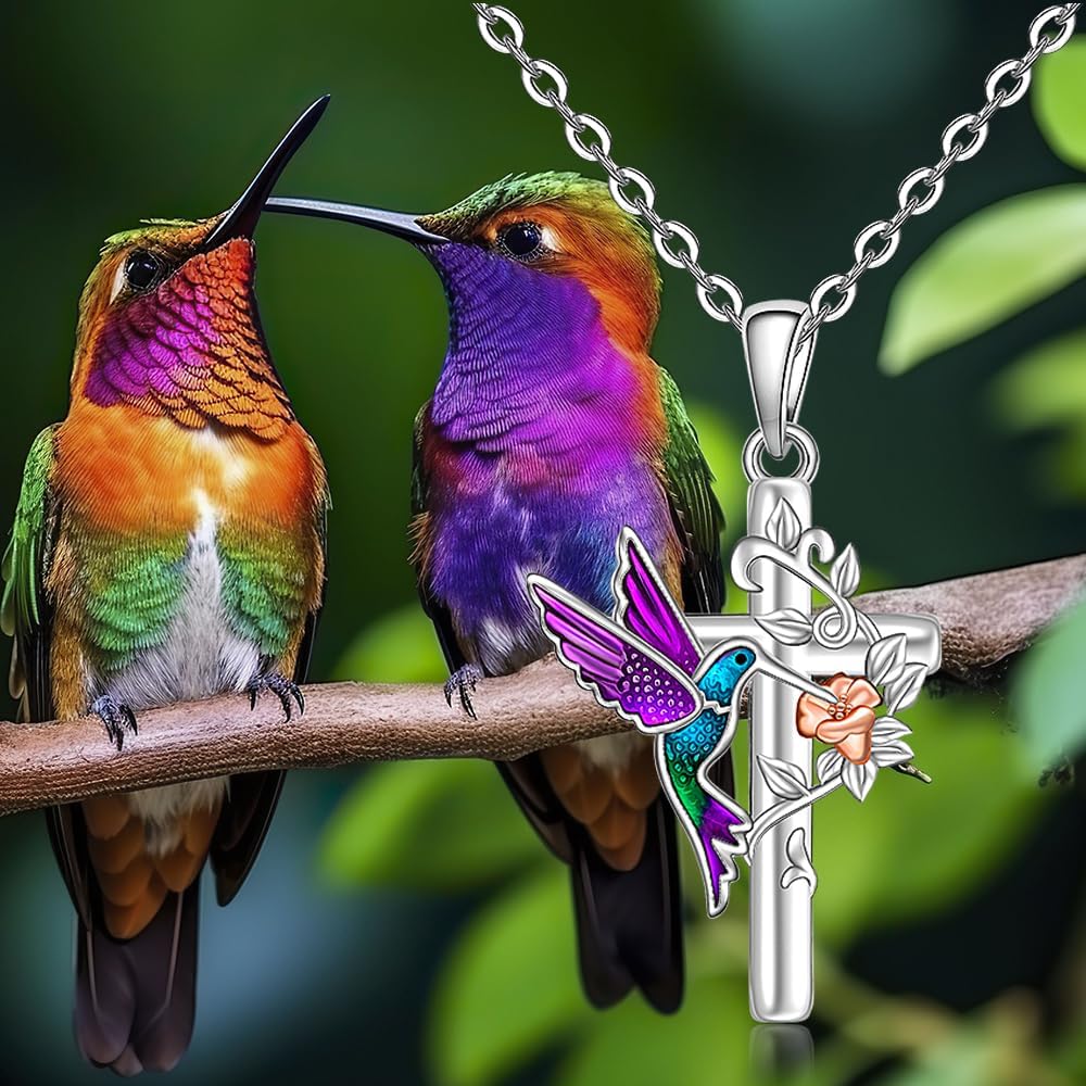 Fenthring Hummingbird Necklace for Women Hummingbird Pendant Necklace Cross Sterling Silver Blue Purple Flower Memorial Jewelry Christmas Gifts for Women - Image 6