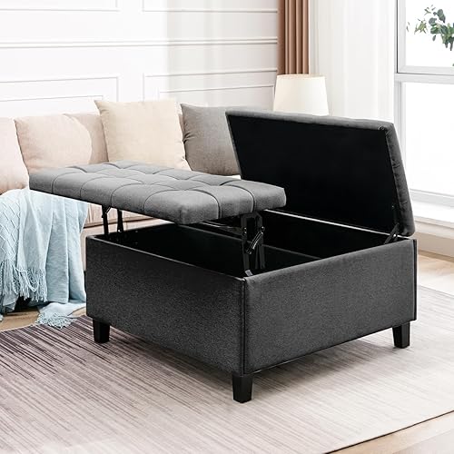 Miniatura 9 de Mesa de centro otomana con elevador, otomana cuadrada con almacenamiento, tela de lino y patas de madera, reposapiés tapizado con asiento acolchado