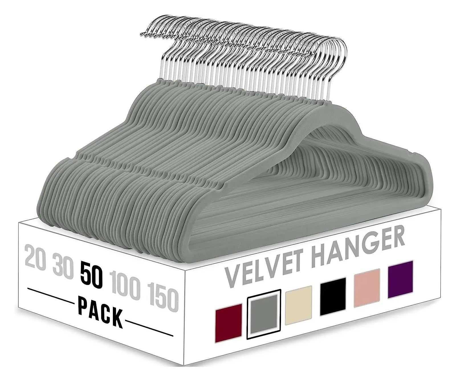 KFGISD, 50pcs Multiple Colors Flocking Multi-function Anti-slip Plastic Hanger Black Velvet Thickened Magic ，Hangers(Grey)