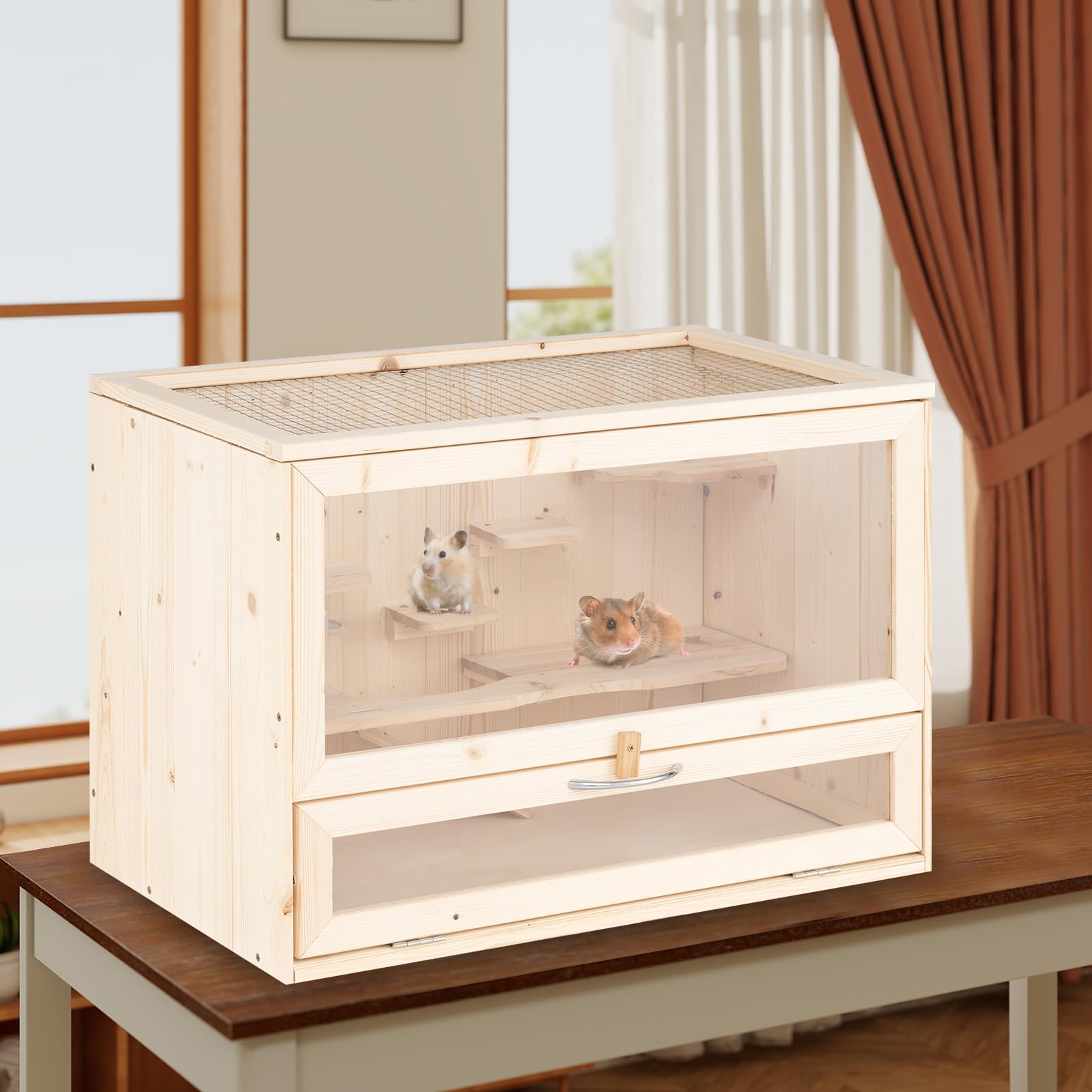 COSTWAY Gabbia per Criceti, Gabbia Criceti in Legno con Tetto Ribaltabile in Rete, Aree Multi-Scala, Rampa, Pannello in Acrilico e Porta Bloccabile, 60 x 35,5 x 42 cm