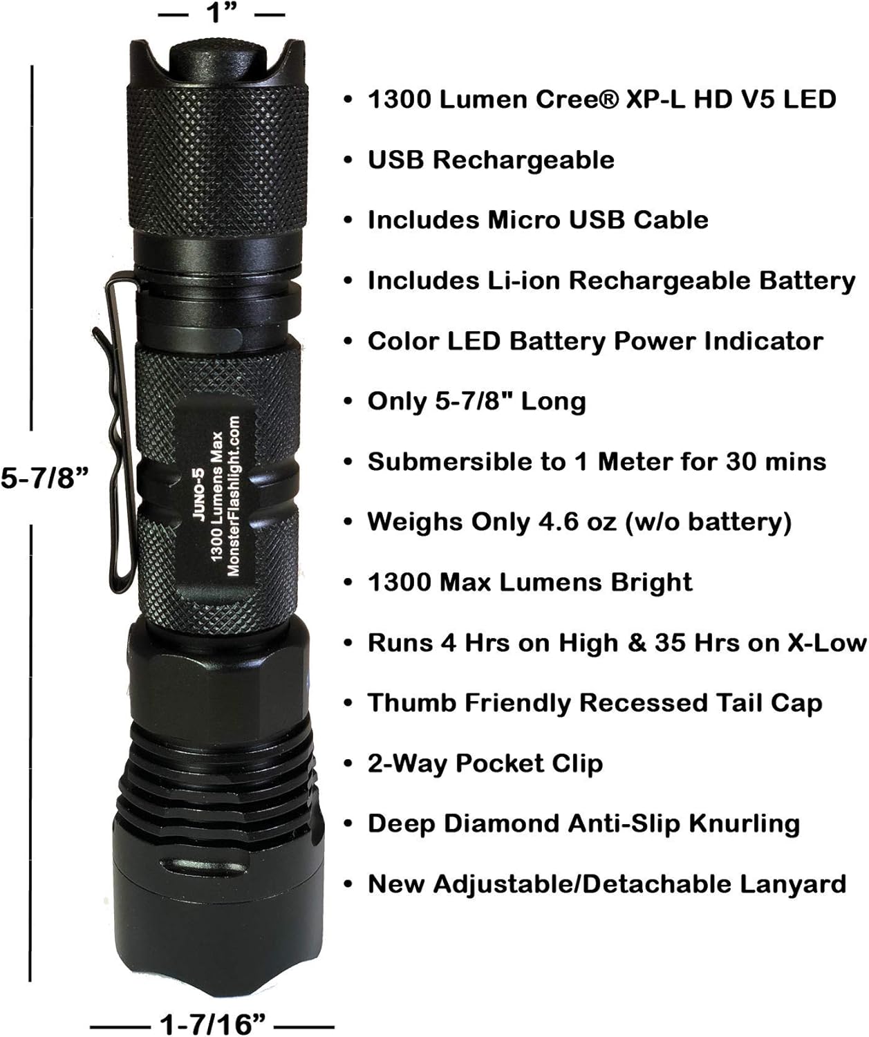 Review MF Tactical Juno-5 USB Rechargeable Tactical LED Flashlight Set -1300 Lumen Hi Quality Pro Grade 5 Mode w/Color LED battery level indicator. Includes Li-ion Battery, Strap & Pocket Clip.