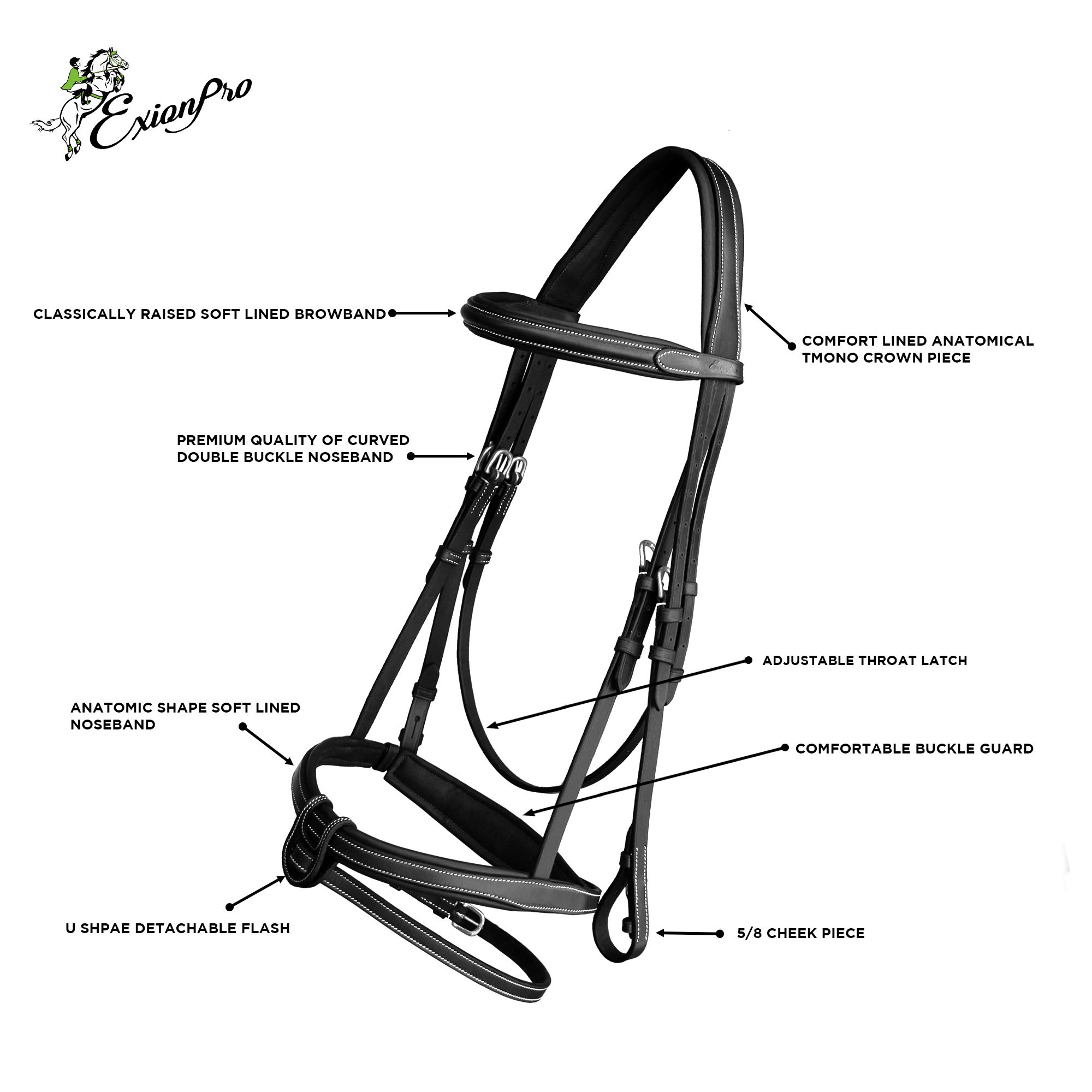 Exion - Briglia da salto comoda e morbida foderata, con flash staccabile e redini in gomma, briglia inglese anatomica per cavalli (nero, sopra)