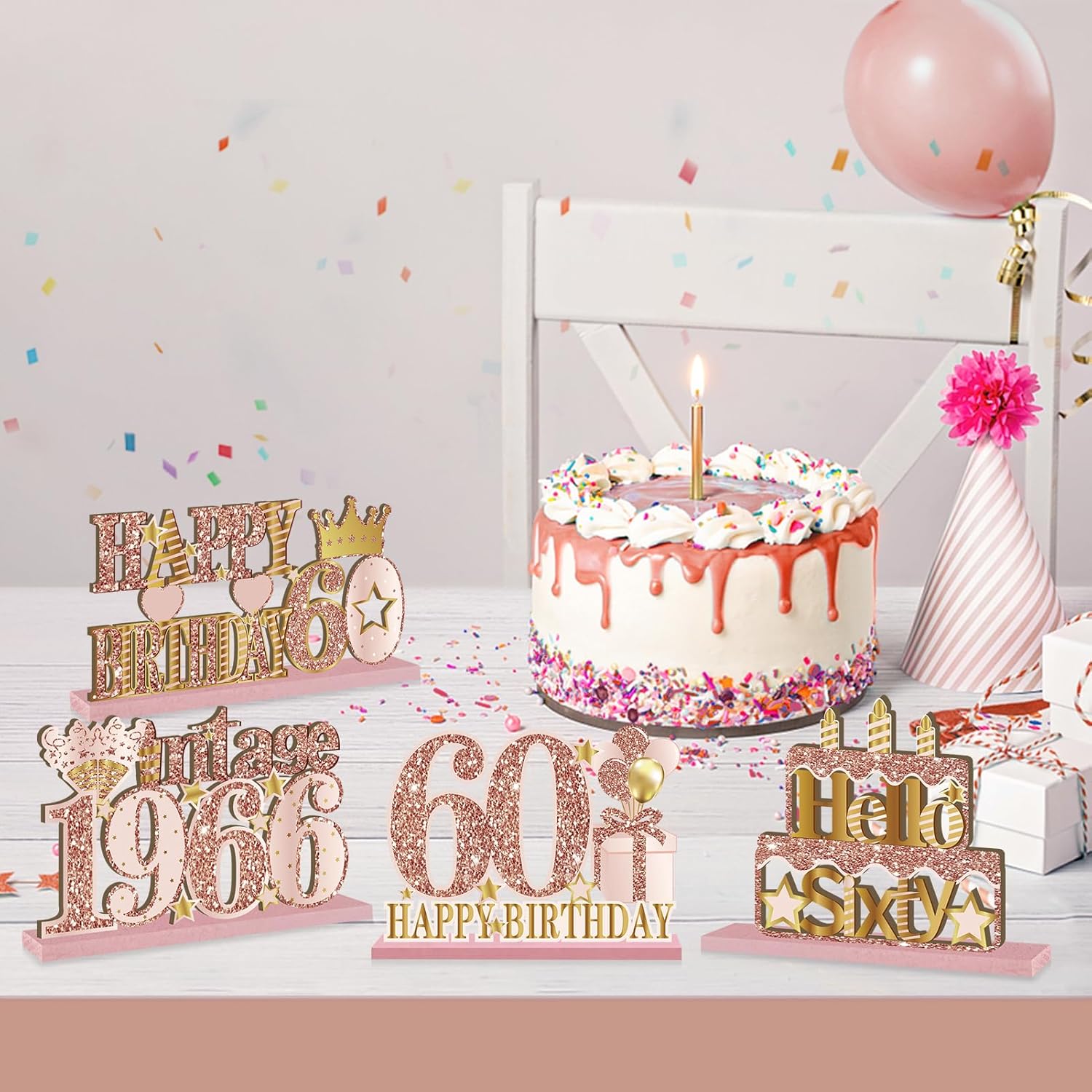 4 Pieces 60th Birthday Vintage 1966 Wooden Table Centerpieces Decoration for Women, Pink Rose Gold Happy 60 Birthday Table Sign Party Supplies, Hello Sixty Year - Image 3