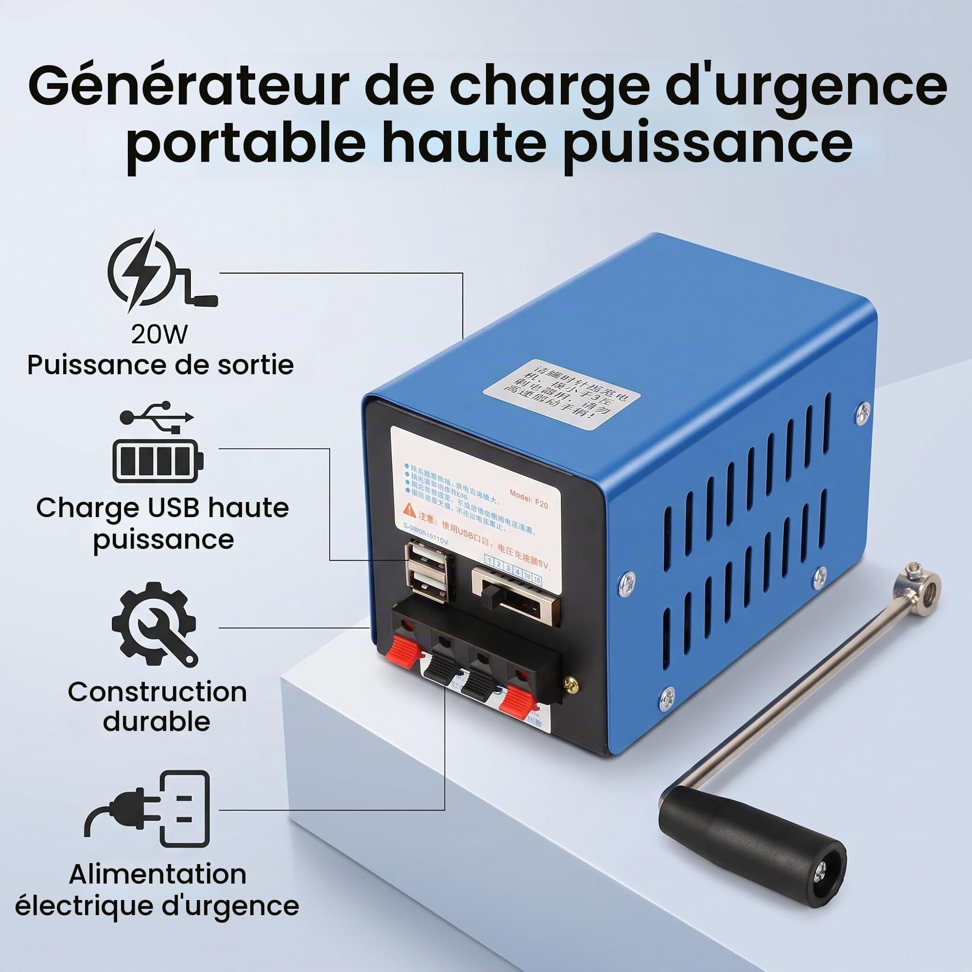 Générateur de Manivelle Portable 20W 2000 tr/min avec USB pour Communications d'Urgence, Tourisme, Alimentation de Secours