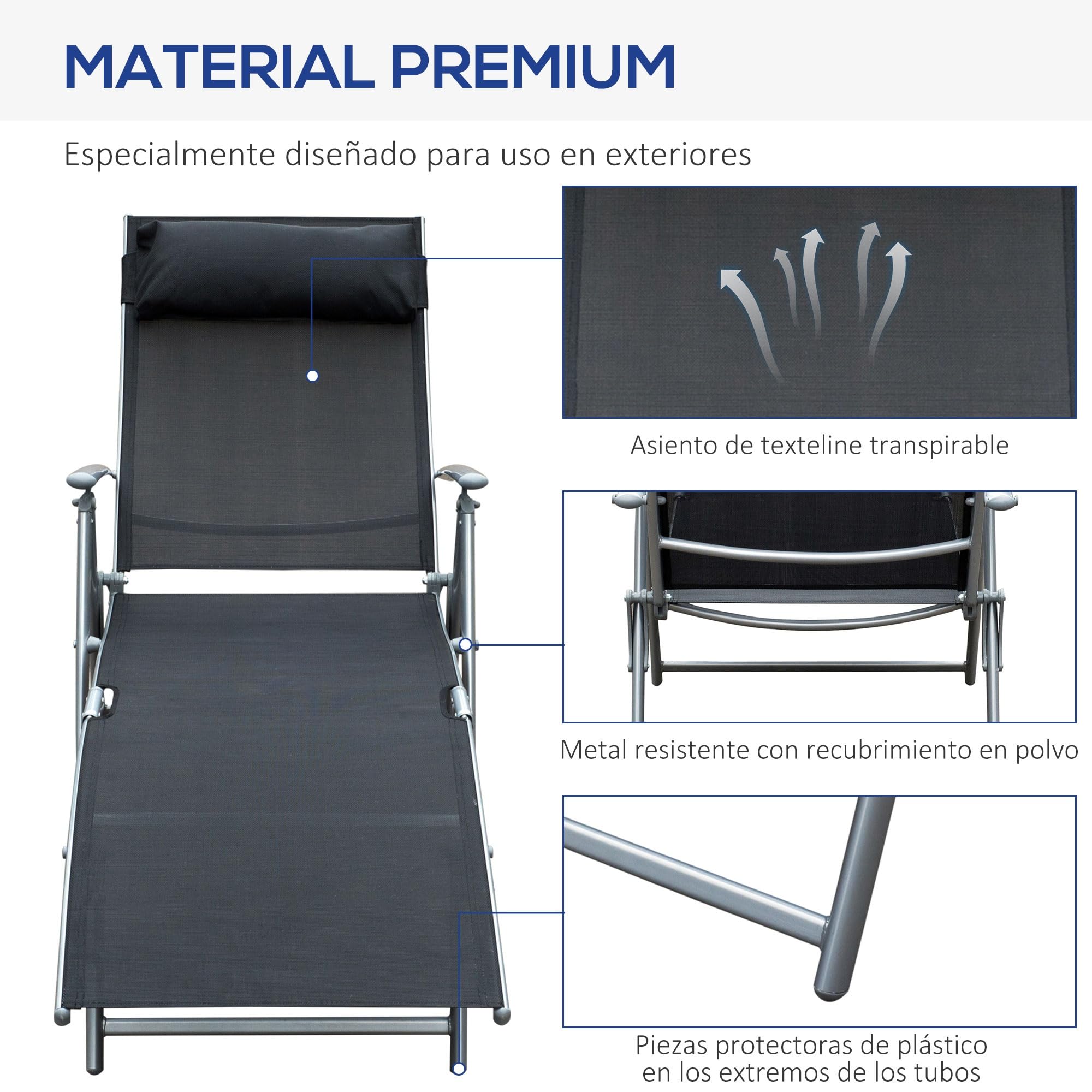 Outsunny Tumbona Plegable Tumbona de Jardín con Respaldo Ajustable en 7 Niveles Almohada y Reposabrazos Carga 165 kg para Piscina Terraza Camping 137x63,5x100,5 cm Negro