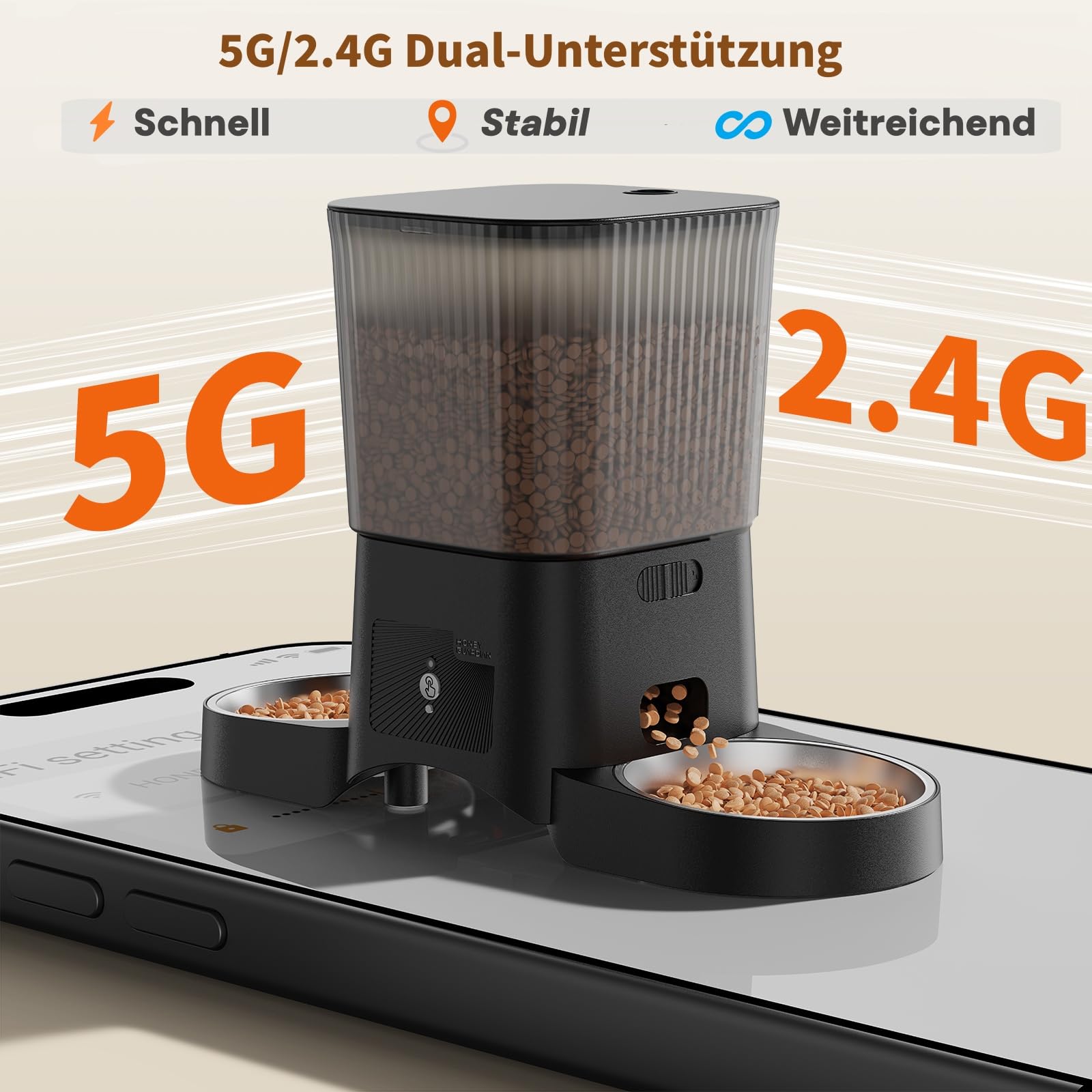 Futterautomat Katze 2 Näpfe mit APP, HONEYGUARDIAN 5G WiFi Intelligenter Katzenfutter Automat, Automatischer Futterspender Katze Hund mit 4 Schüsseln (Edelstahl+Langsame Schüssel), Einfache Bedienung