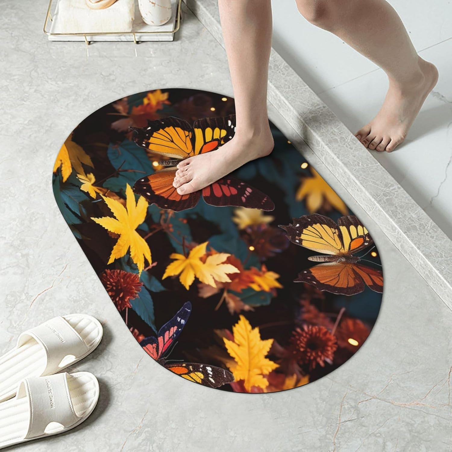 Stone Bath Mats Autumn with butterflies and leaves Diatomaceous Earth Bath Mat Super Absorbent Bathroom Floor Mat Quick Drying Diatomite Shower Mat for Shower Bathtub Bathroom Accessory 16x24in