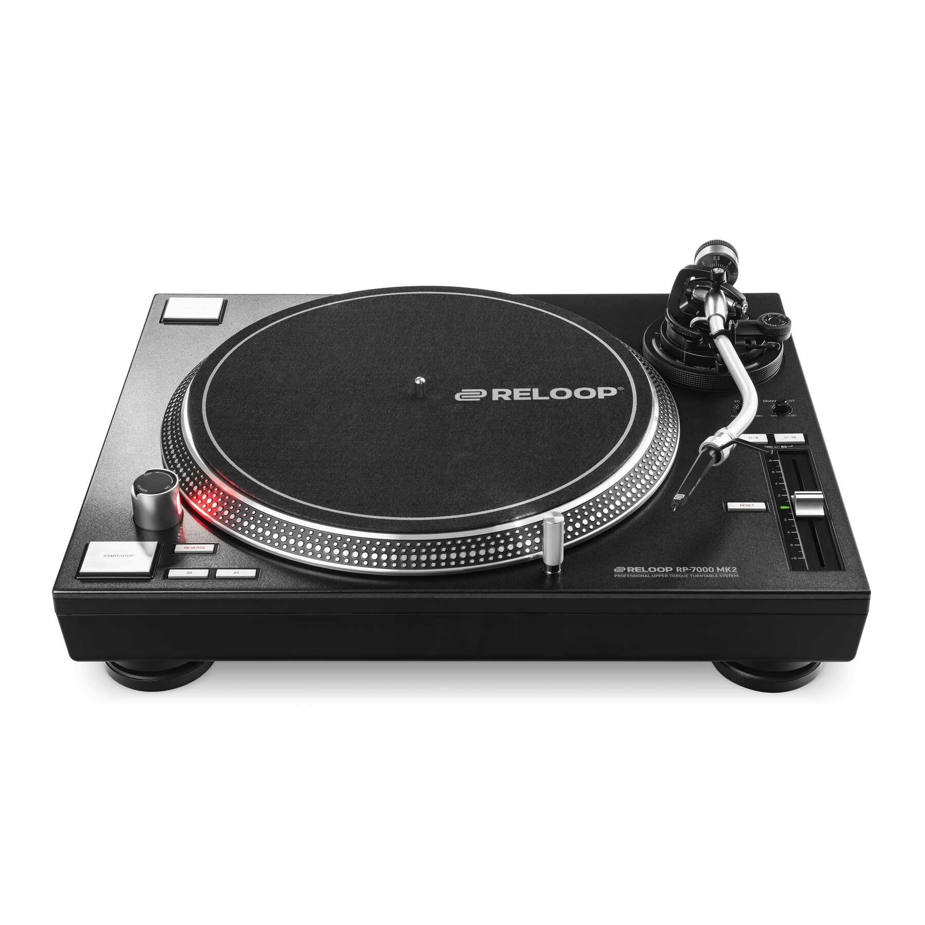 Reloop RP-7000 MK2 Profesional DJ Tirnable con Unidad Directa de Cuarzo de Torque Superior, Nueva Base de tonelada, altitud. (VTA) Brazo S-Sound Balanced estático (Silver Metallic)