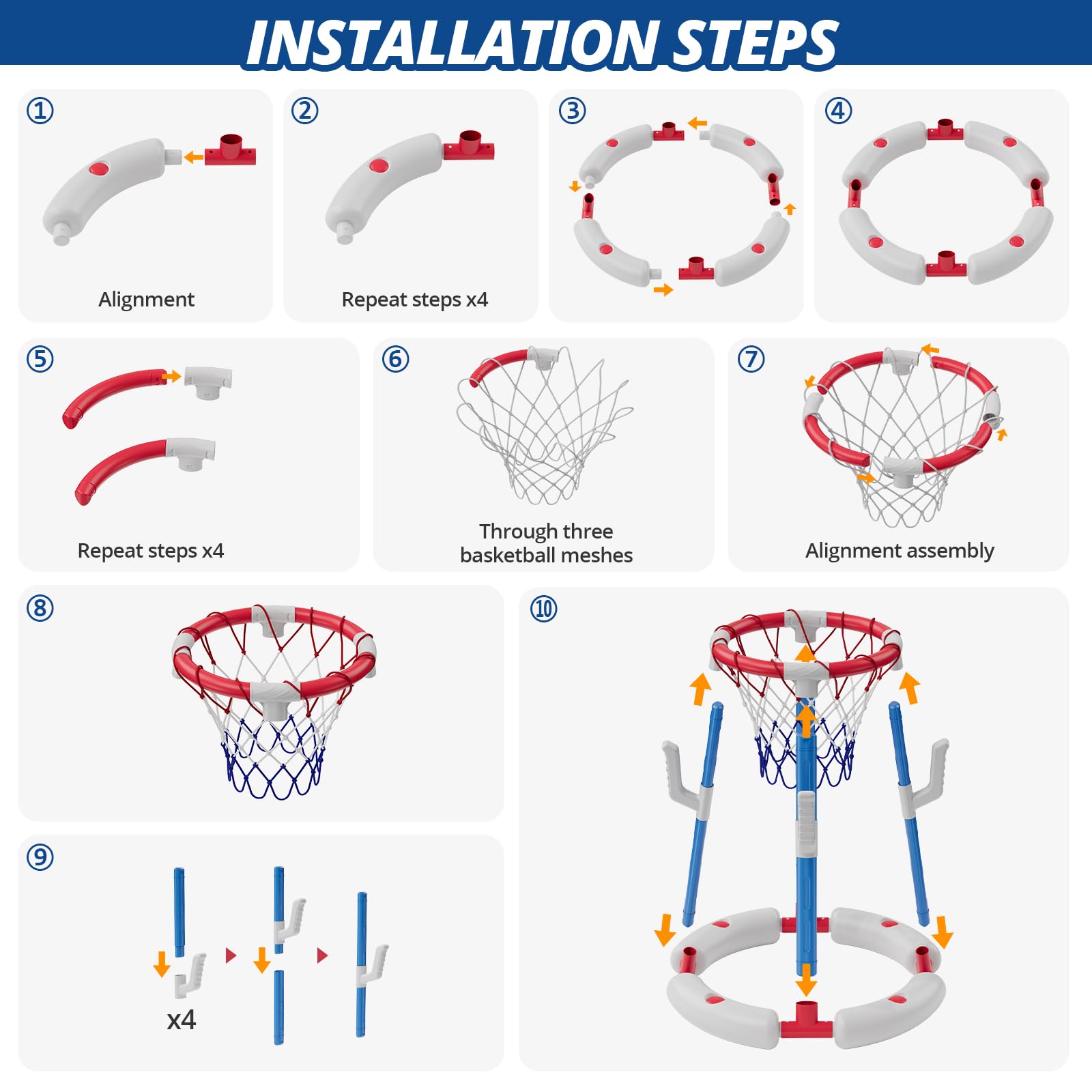 HYES Canasta de Baloncesto Piscina, Flotante Canasta Juguetes para Niños, Piscina de Baloncesto con 4 Bolas 8 Anillo, Juegos de Agua Interior y Exterior para Niños Adultos, Rojo