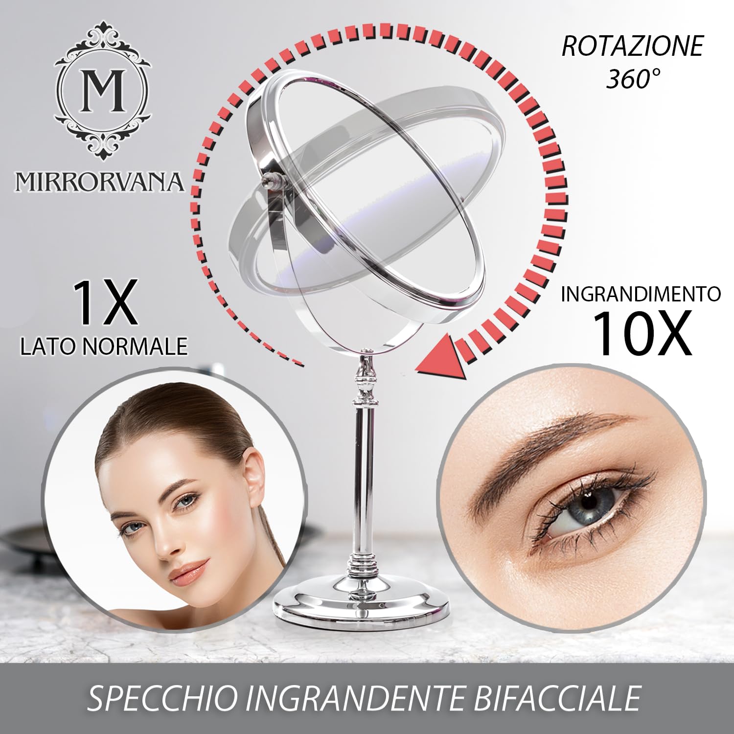 Mirrorvana Specchio da tavolo ingranditore 10X e 1X - specchietto telescopico da bagno per trucco e make up, specchio da appoggio 20 cm (cromato)