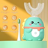 Vista 4 de Cepillo de dientes eléctrico en forma de U para niños pequeños con 5 cabezales de cepillo, cepillos de dientes ultrasónicos de dinosaurio de dibujos