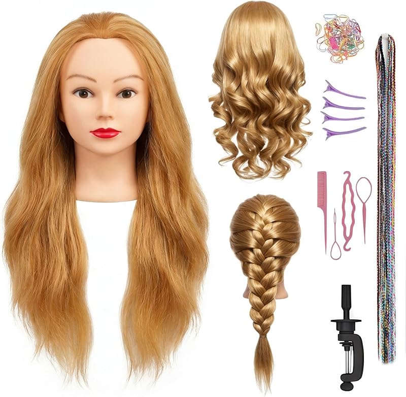 26 Inch 80% human hair mannequin head practice head for braiding | manikin head with Clamp stand doll head for hair styling practice kit for kids and Cosmetology