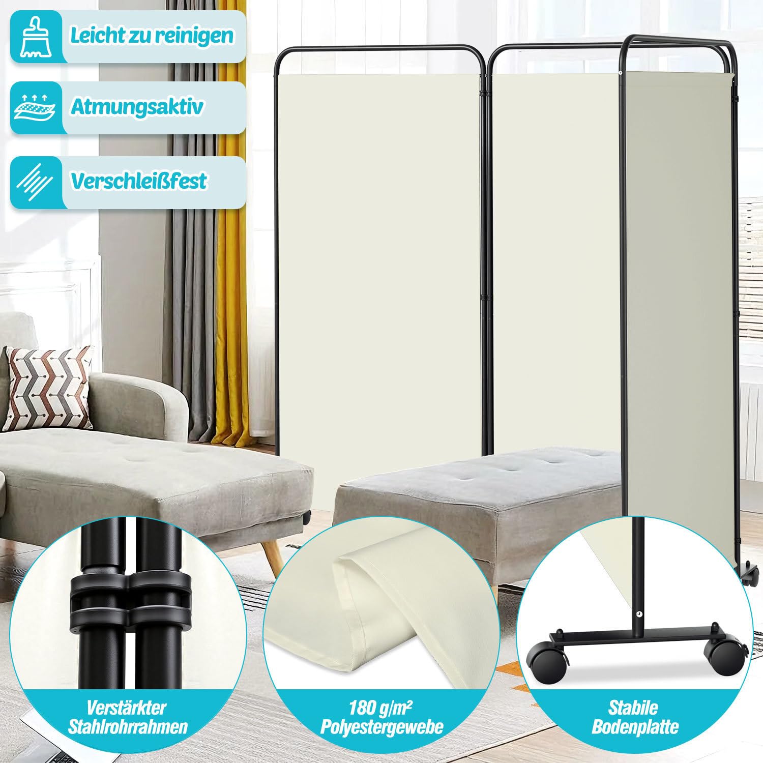 Paravent Raumteiler Klappbar Freistehend Trennwand auf Rollen, Umkleide Sichtschutz, Raumtrenner 3 Teilig 263 x 180 cm, freistehendes Raumteiler für Büro Schlafzimmer - Beige